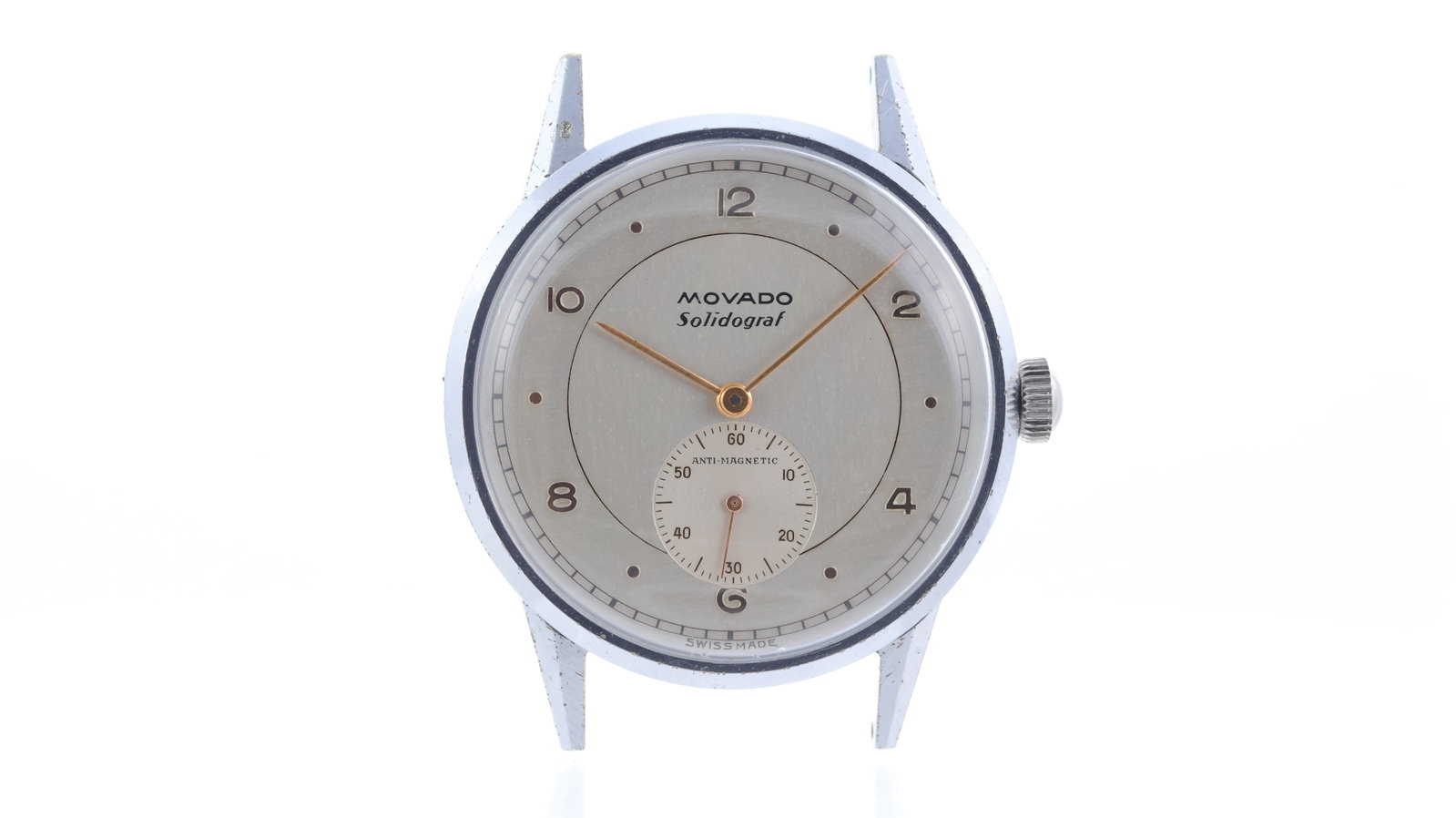 *To Be Sold Without Reserve* Vintage Movado Solidograf Ref 32814 Circa late 1940's: Brand: Movado Model Name: Solidograf Reference: 32814 Movement type: Manual Wind Movement calibre: Movado 75 Year: Circa late 1940's Dial shape: Circular Dial colour: Silver Dial features: Two tone di