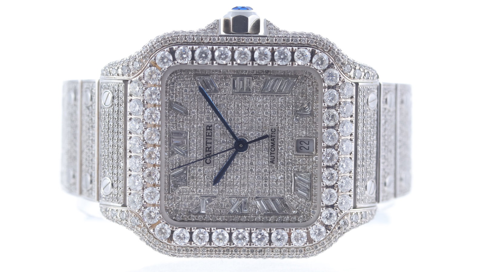 Cartier Santos Ref 4072 Natural Diamond Set with Papers 2022: Brand: Cartier Model Name: Santos Reference: 4072 Movement type: Automatic Movement features: Automatic self winding Year: 2022 Papers: Guarantee Card Dial shape: Square Dial colour: Pave diamond Dial