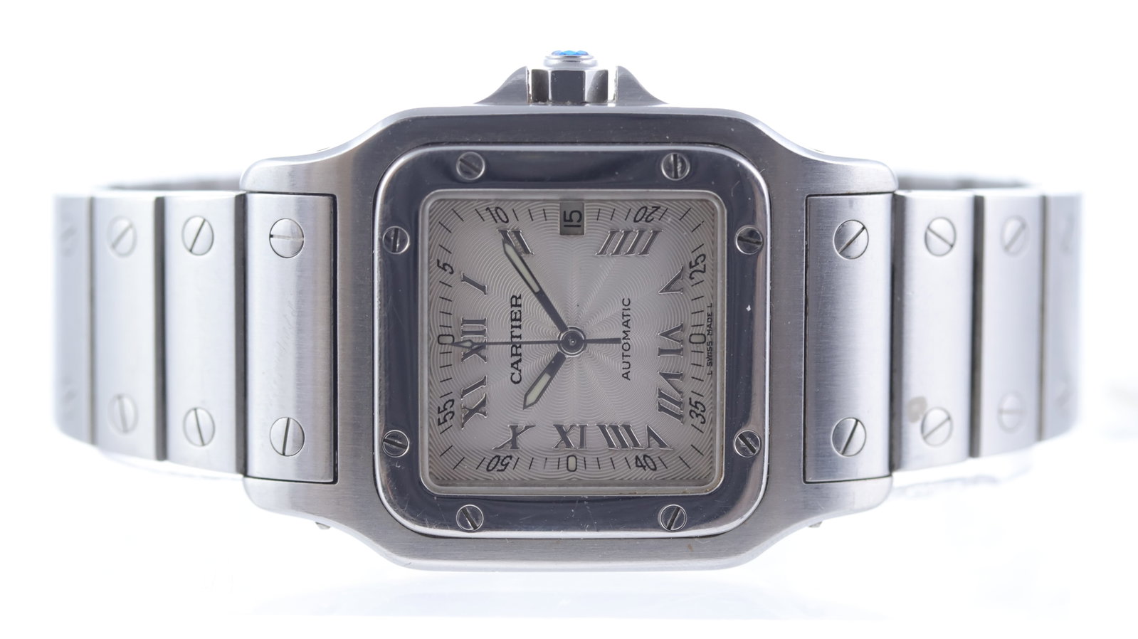 Cartier Santos Galbee Automatic Ref 2319: Brand: Cartier Model Name: Santos Galbee Reference: 2319 Movement type: Automatic Dial shape: Square Dial colour: Silver Dial features: Guilloche texture with roman numeral hour markers, quickset date