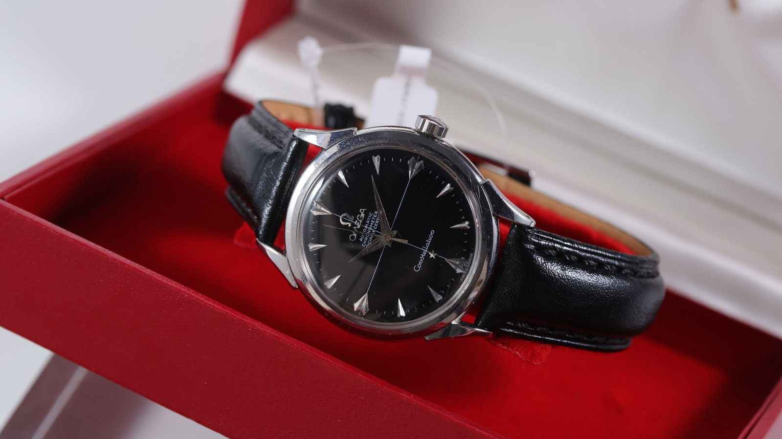 Vintage Omega Constellation Ref 2852 with Box Circa 1954: Brand: Omega Model Name: Constellation Reference: 2852 Movement type: Automatic Movement calibre: Omega 501 Year: Circa 1954 Dial shape: Circular Dial colour: Black Dial features: Arrowhead hour marke