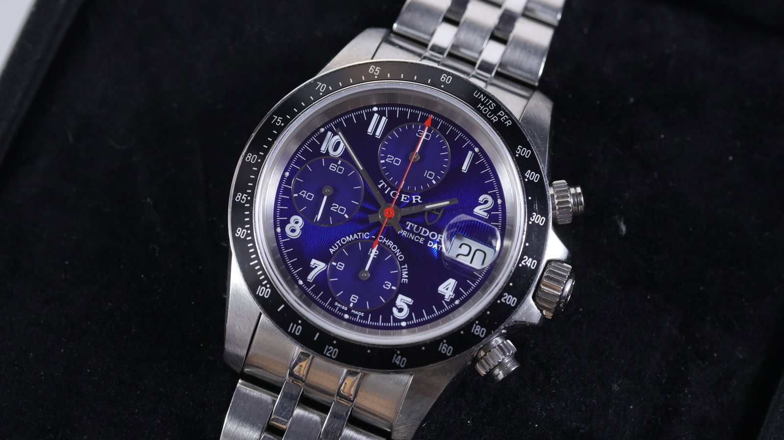 Tudor Tiger Prince Date Ref 79260 with Box Circa 2002: Brand: Tudor Model Name: Tiger Prince Reference: 79260 Movement type: Automatic Year: Circa 2002 Box: Inner and outer box Dial shape: Circular Dial colour: Blue Dial features: Sunburst, guilloche dial