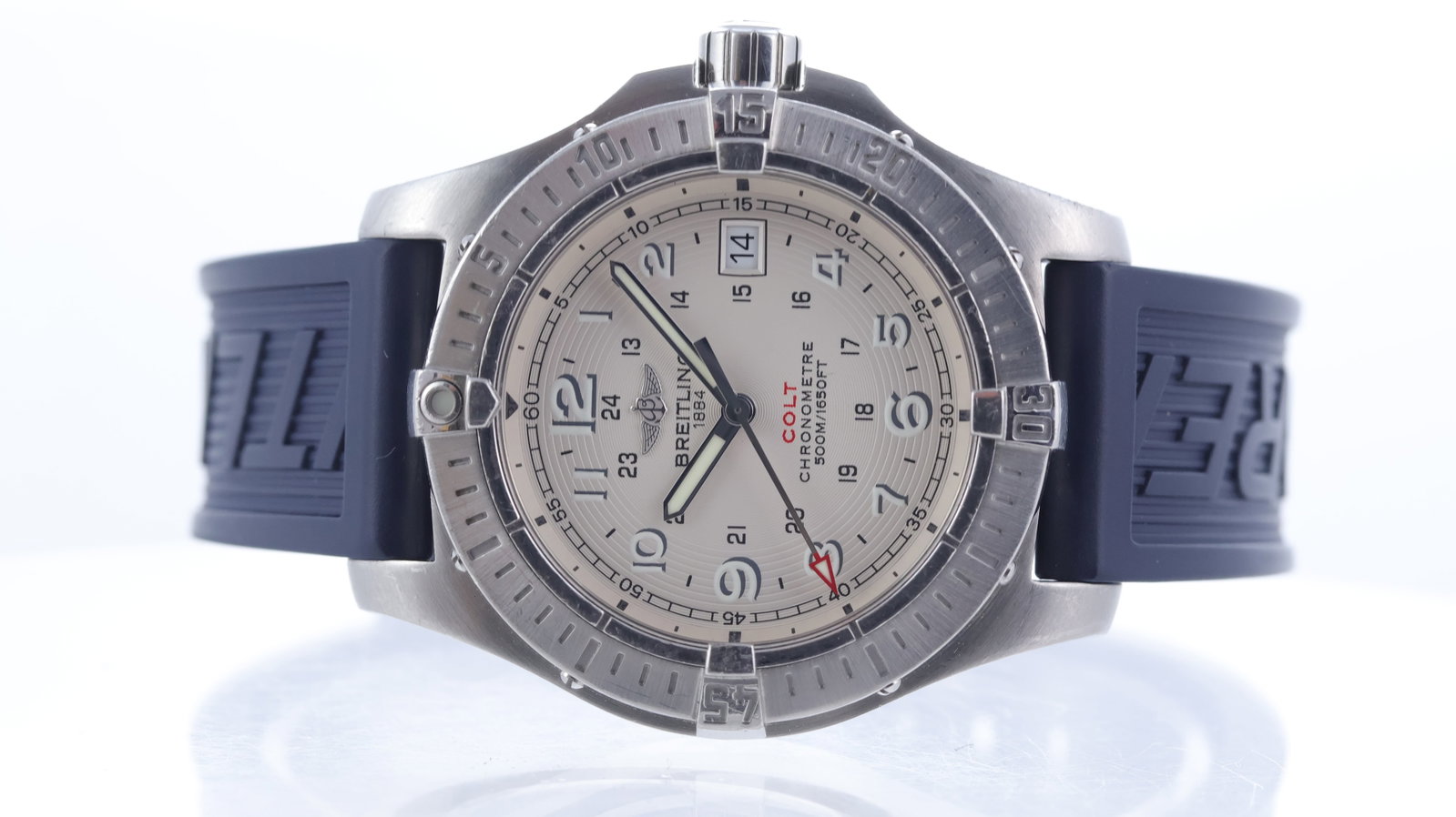 Breitling Colt Ref A74380: Brand: Breitling Model Name: Colt Reference: A74380 Movement type: Quartz Dial shape: Circular Dial colour: Silver Dial features: Lume arabic numeral hour markers. Quick set date aperture at 3 o'clock