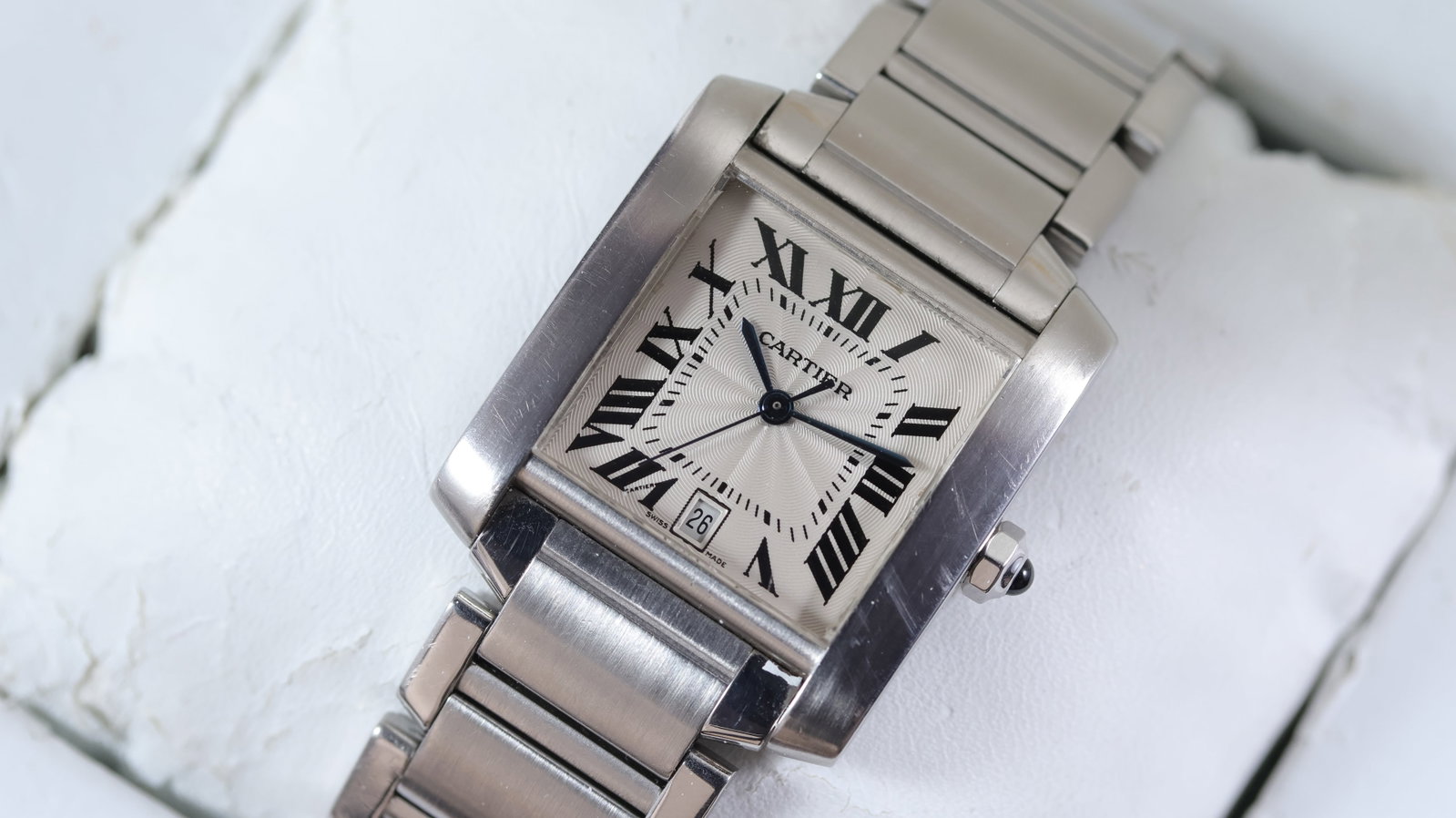 Cartier Tank Francaise Automatic Ref 2302 with Box and Papers 2008: Brand: Cartier Model Name: Tank Francaise Reference: 2302 Movement type: Automatic Year: 2008 Box: inner box Papers: Guarantee Papers Dial shape: Square Dial colour: Silver Dial features: Guilloche te