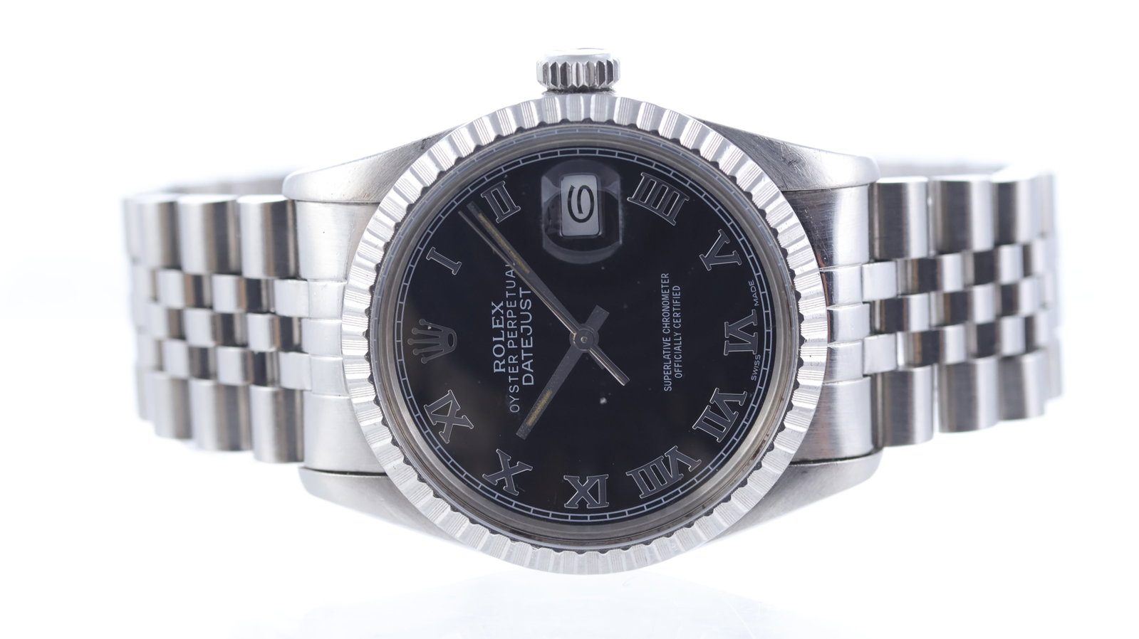 Rolex Datejust 36 Ref 16030 Circa 1982: Brand: Rolex Model Name: Datejust 36 Reference: 16030 Movement type: Automatic Movement calibre: Rolex 3035 Year: Circa 1982 Dial shape: Circular Dial colour: Black Dial features: Aftermarket dial wit
