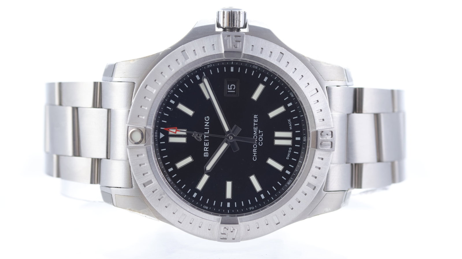 Breitling Colt Ref A17388: Brand: Breitling Model Name: Colt Reference: A17388 Movement type: Automatic Dial shape: Circular Dial colour: Black Dial features: Block luminous hour markers and hands, date perture Bezel: Rotating 