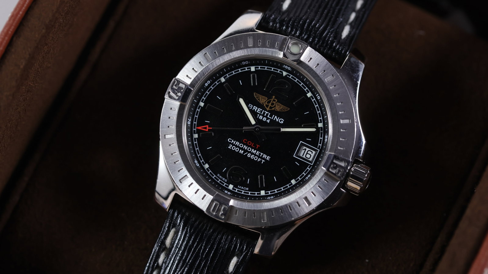 Breitling Colt Ref A77388 with Box and Papers 2022: Brand: Breitling Model Name: Colt Reference: A77388 Movement type: Quartz Year: 2022 Box: Full Box Papers: Full Set Papers Dial shape: Circular Dial colour: Black Dial features: Silver baton/arabic nu