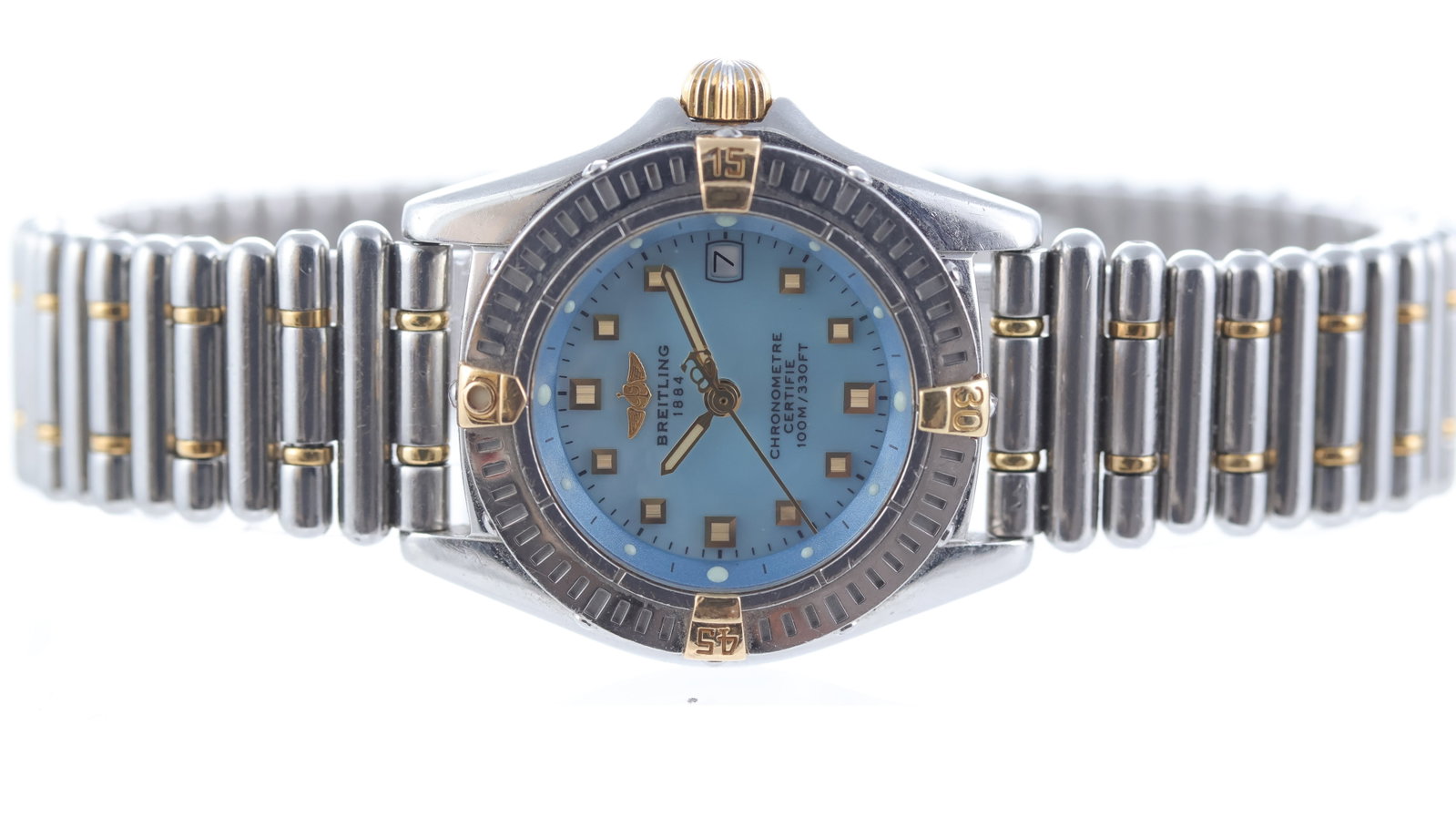 Ladies Breitling Callastino Ref B72345: Brand: Breitling Model Name: Callastino Reference: B72345 Movement type: Quartz Dial shape: Circular Dial colour: Mother of Pearl Dial features: Blue MOP dial with applied 'flat pyramid' hour markers.