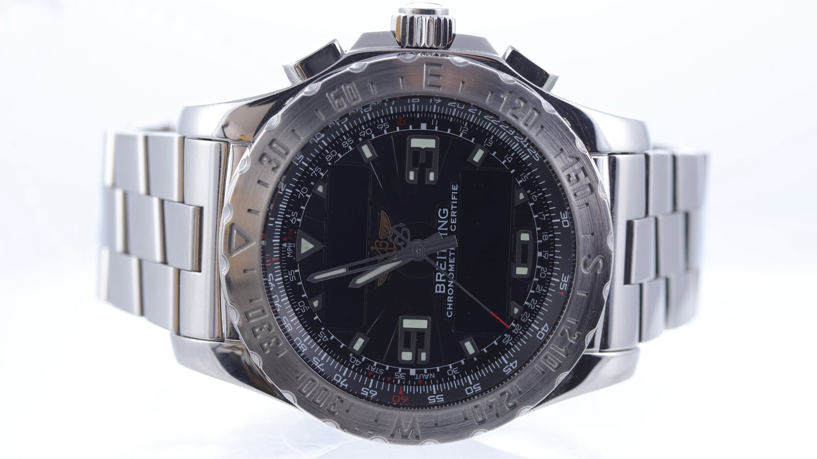 Breitling Airwolf Ref A78363: Brand: Breitling Model Name: Airwolf Reference: A78363 Movement type: Quartz Dial shape: Circular Dial colour: Black Dial features: Silver/lume hands and hour markers. Two digital displays. Bezel: Bi 