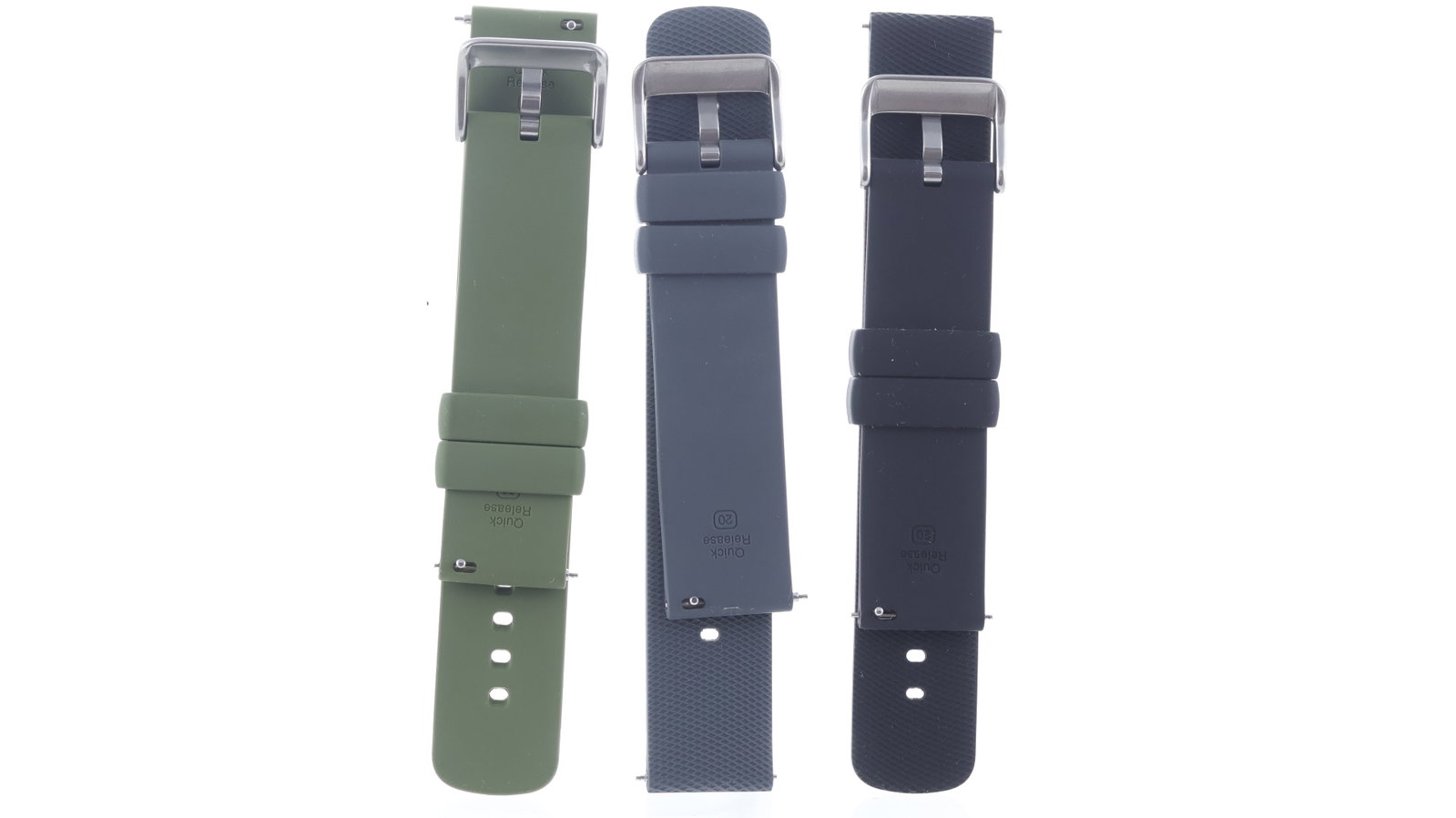 A Job Lot of 3x Unworn 20mm Rubber Straps: A Job Lot of 3x Unworn 20mm Rubber Straps. Unbranded straps with stainless steel buckles. Blue, Grey & Black.