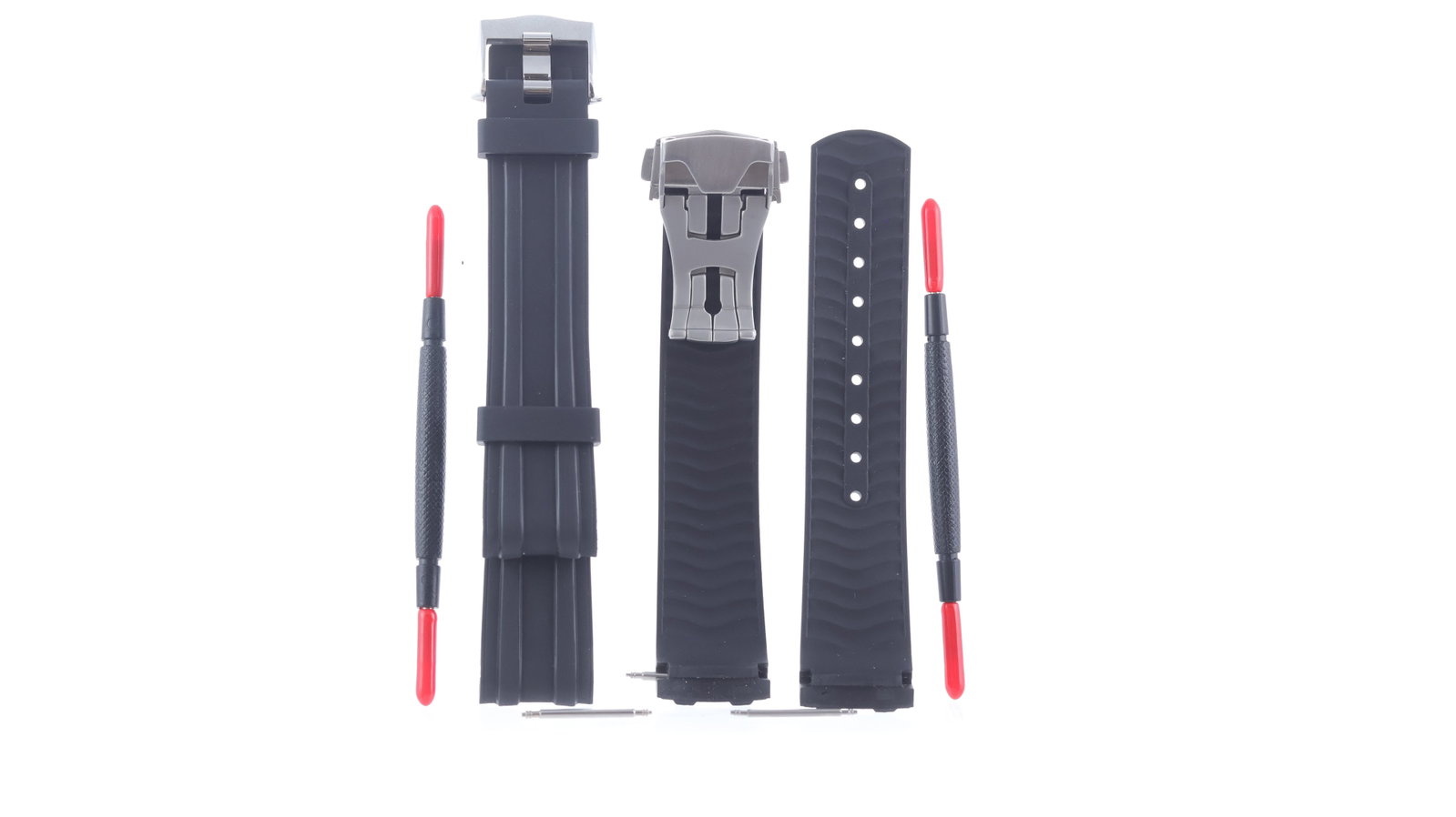 2x Strapologist 20mm Rubber Straps & Tools: 2x Strapologist 20mm Rubber Straps & Tools. Seamaster style rubber straps, one with a stainless steel buckle and one with a deployant clasp.