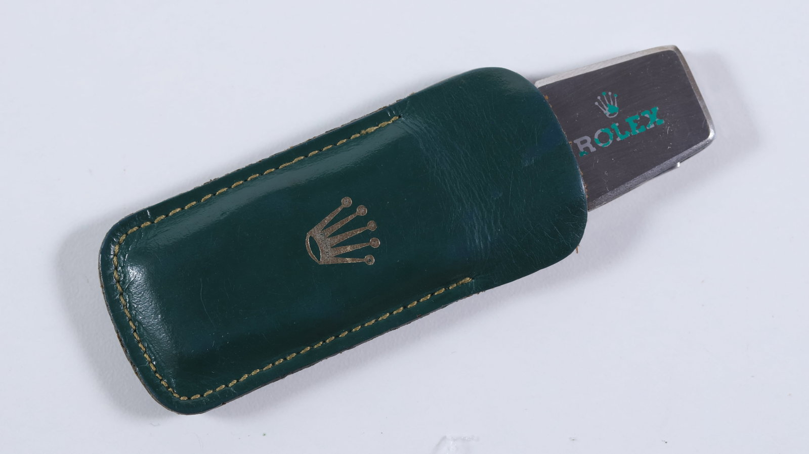 VINTAGE ROLEX PEN KNIFE, stainless steel, Green Rolex branding, 1x blade, 1x file, 1x scissors,: VINTAGE ROLEX PEN KNIFE, stainless steel, Green Rolex branding, 1x blade, 1x file, 1x scissors, Green leather Rolex puch