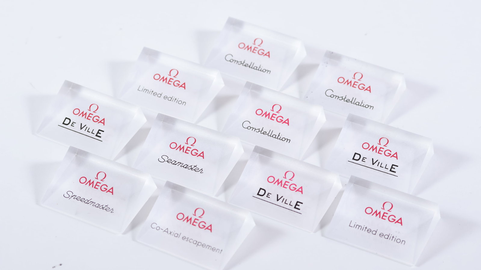 OMEGA: shop display, 11x clear acrylic stands, 1x Speedmaster, 1x Seamaster, 3x Constellation, 2x: OMEGA: shop display, 11x clear acrylic stands, 1x Speedmaster, 1x Seamaster, 3x Constellation, 2x Limited Edition, 3x De Cille, 1x Co-axial Escapment