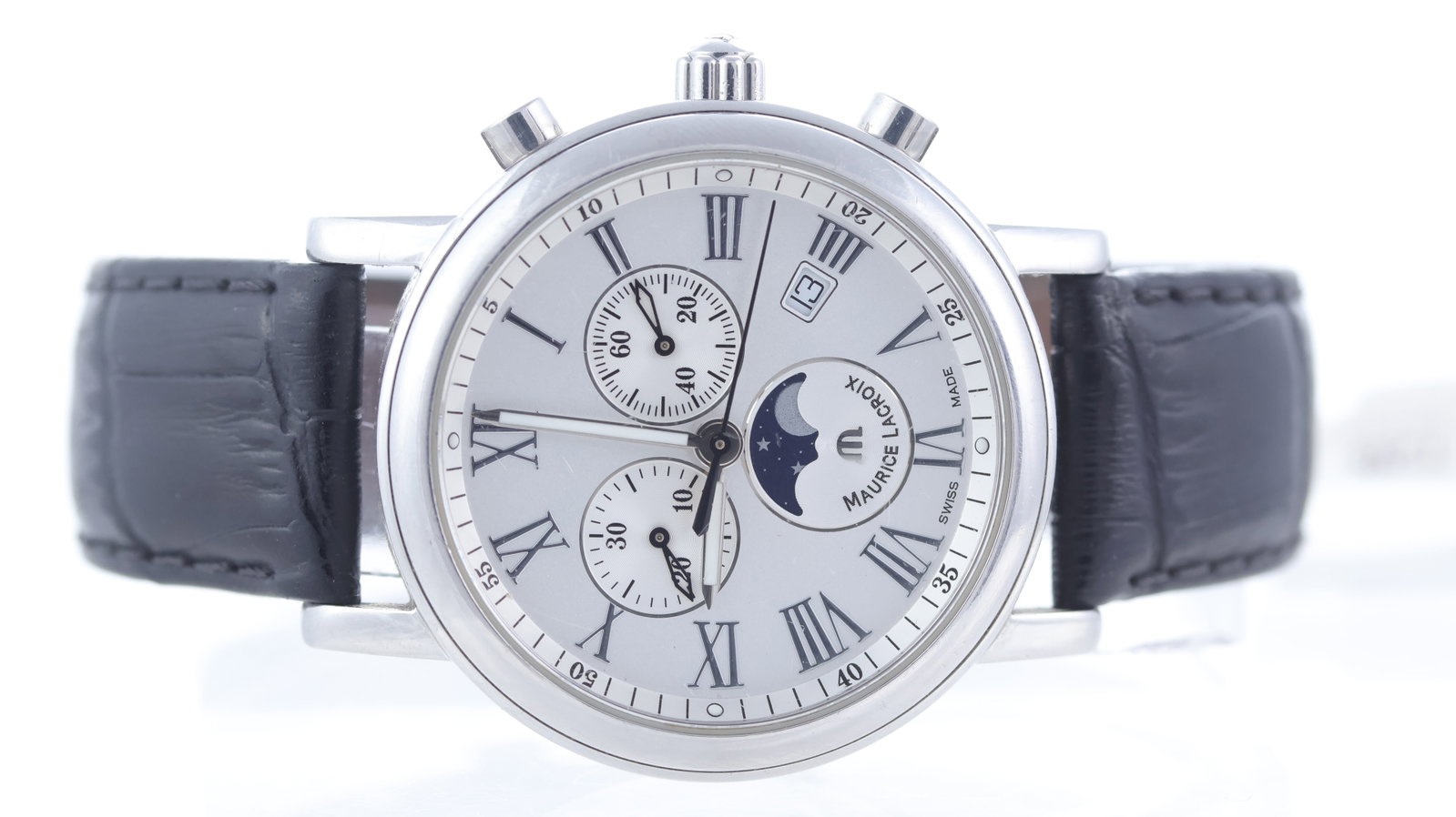 Maurice Lacroix Les Classiques Chronograph Ref LC1048: Brand: Maurice Lacroix Model Name: Les Classiques Chronograph Reference: LC1048 Movement type: Quartz Dial shape: Circular Dial colour: Silver Dial features: Roman numeral hour markers. Moonphase.