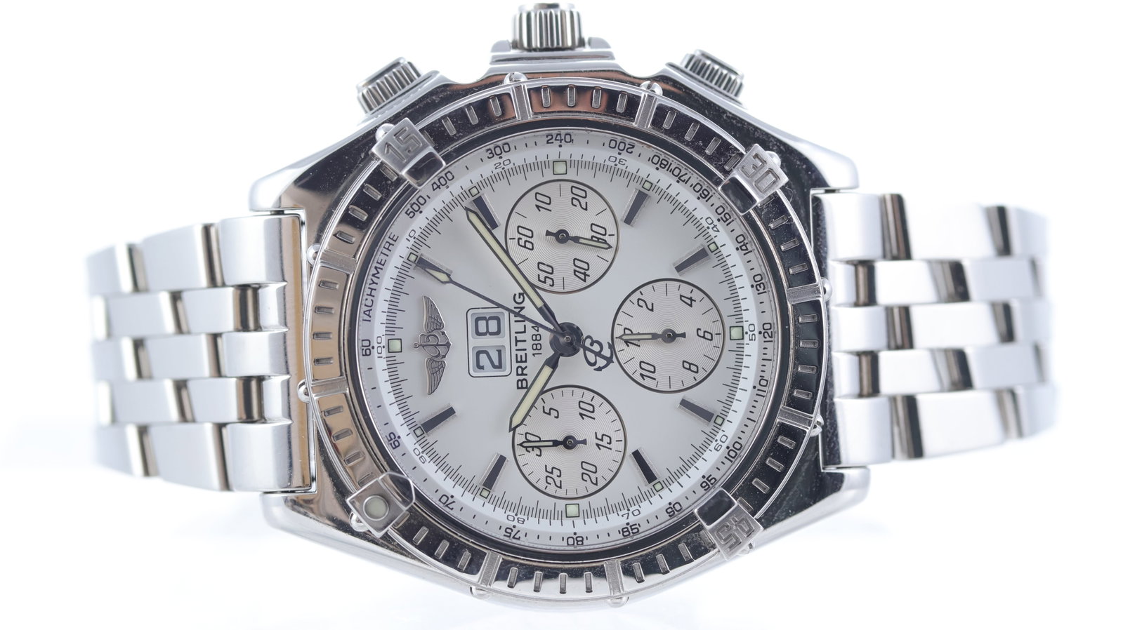 Breitling Crosswind Special Chronograph Ref A44355: Brand: Breitling Model Name: Crosswind Reference: A44355 Movement type: Automatic Movement calibre: Breitling B44 Dial shape: Circular Dial colour: White Dial features: Lume hands and baton hour