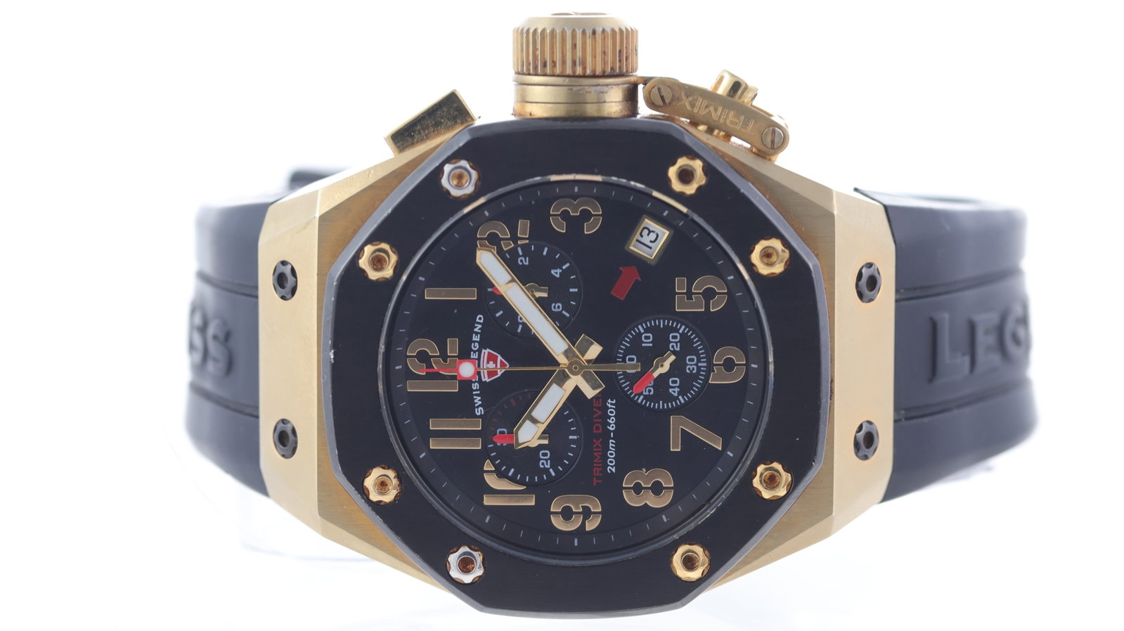 Swiss Legend Trimix Diver Quartz Chronograph: Brand: Swiss Legend Model Name: Trimix Diver Movement type: Quartz Dial shape: Circular Dial colour: Black Dial features: Arabic numeral hour markers. Date aperture at 4 o'clock. Bezel: 8-screw