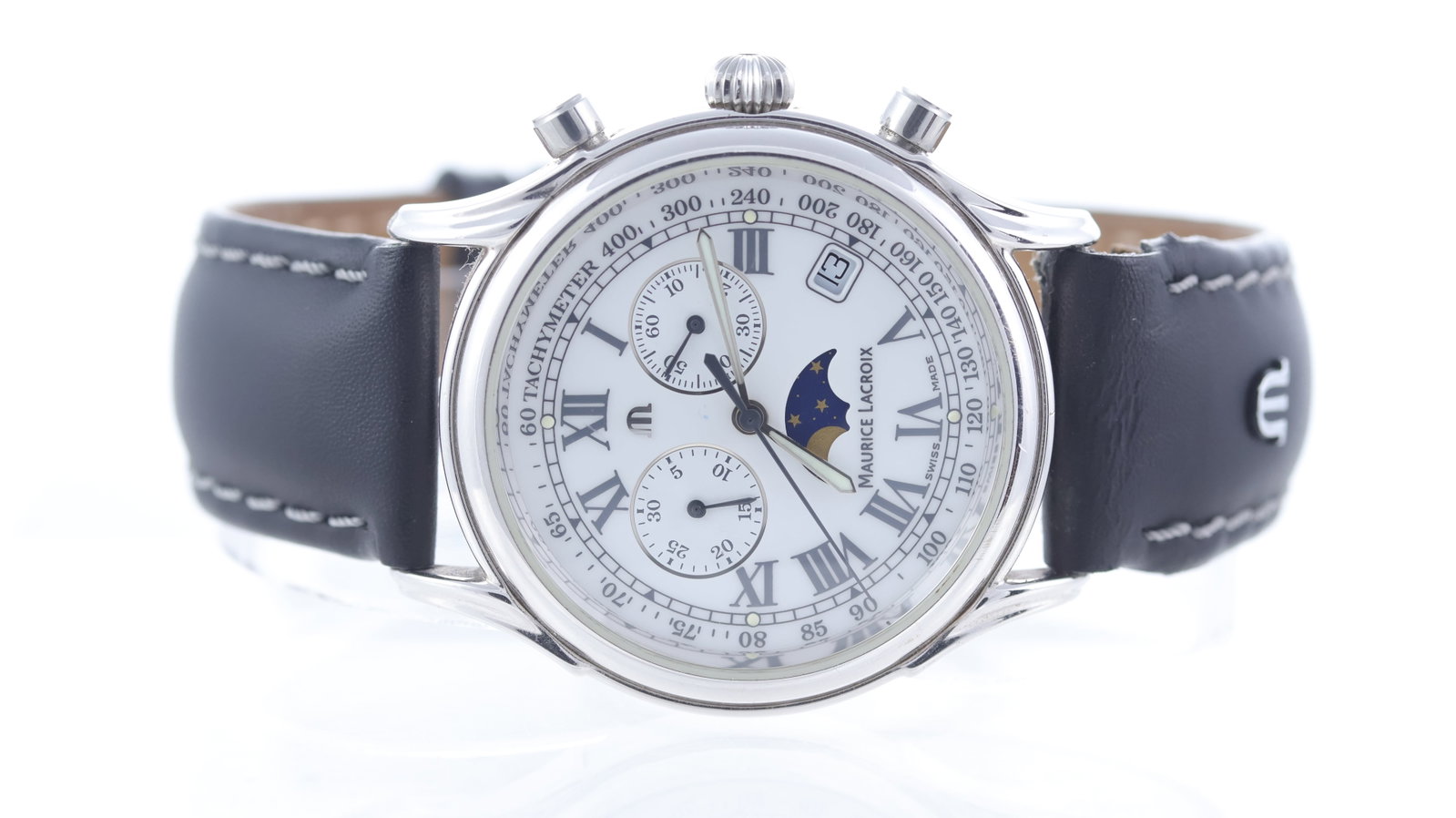 Maurice Lacroix Les Classiques Chronograph Quartz Ref SP1058: Brand: Maurice Lacroix Model Name: Les Classiques Chronograph Reference: SP1058 Movement type: Quartz Dial shape: Circular Dial colour: White Dial features: Gloss white dial. Moonphase. Date aperture