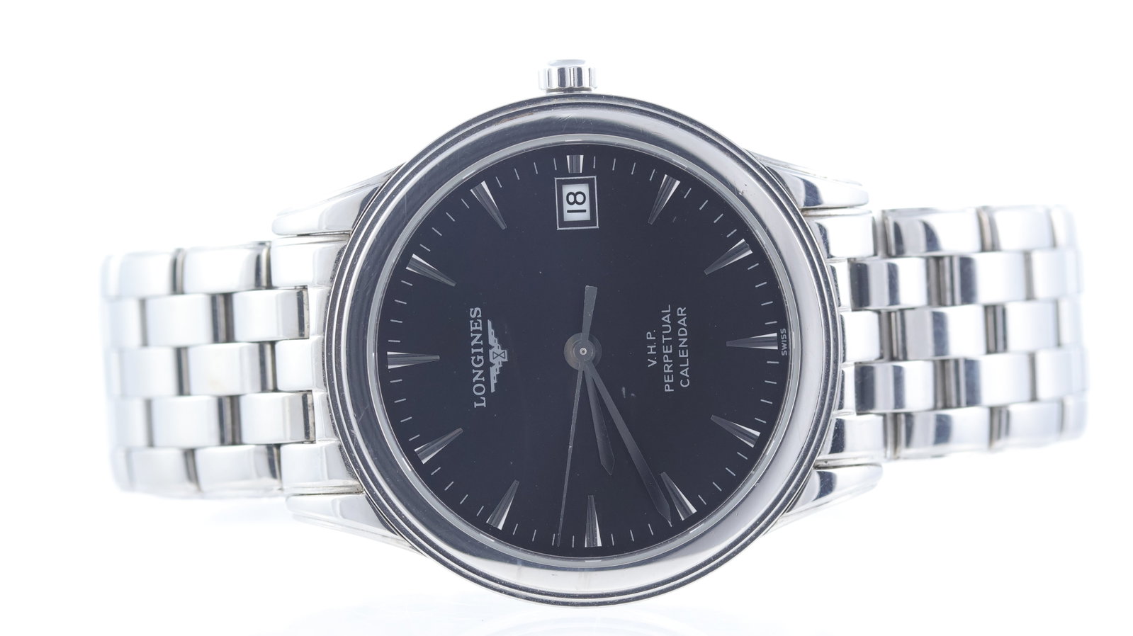 Longines V.H.P Perpetual Calendar Ref L4.722.4: Brand: Longines Model Name: V.H.P Perpetual Calendar Reference: L4.722.4 Movement type: Quartz Dial shape: Circular Dial colour: Black Dial features: Hour markers, minute