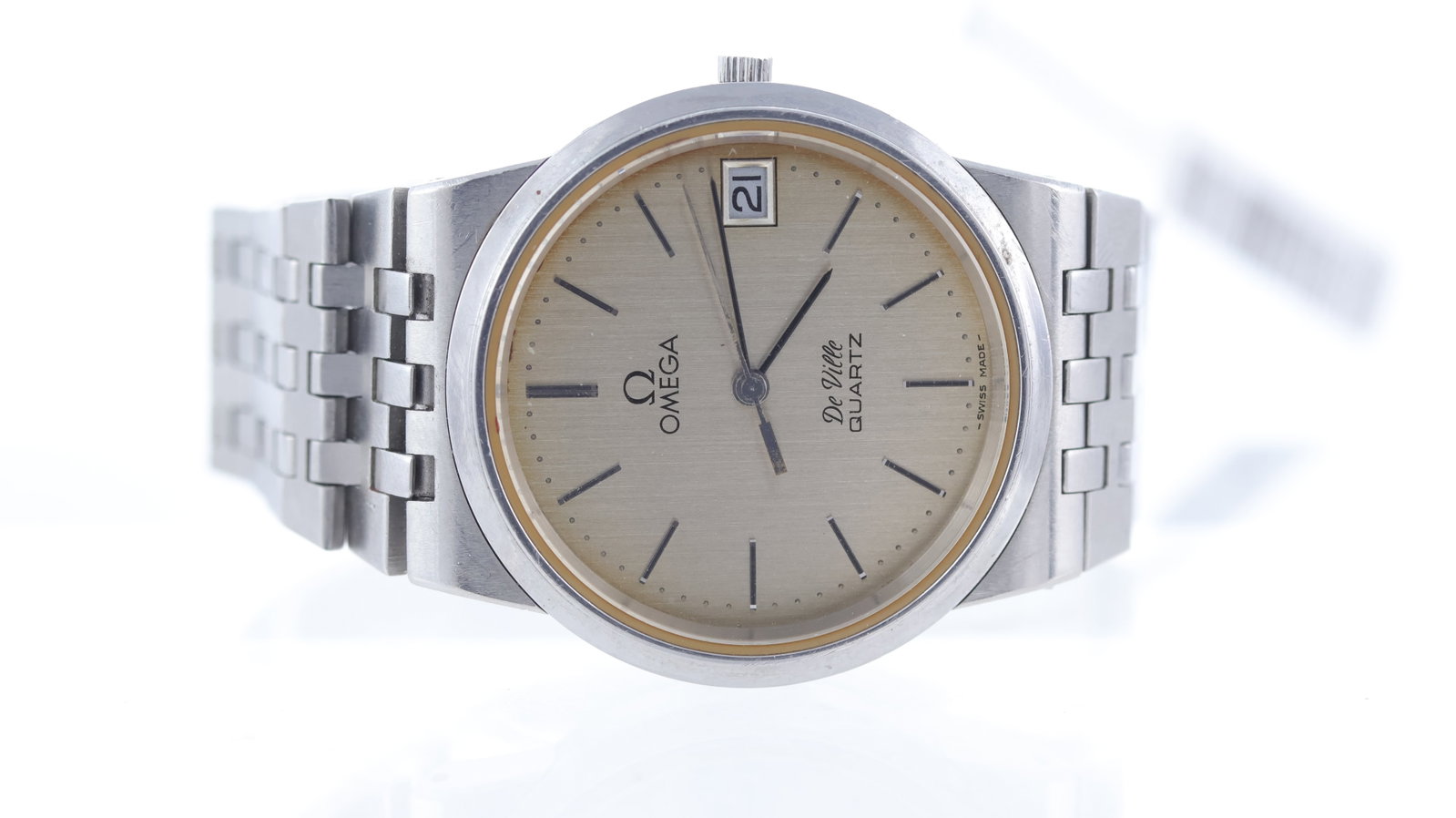 Omega De Ville Quartz Circa 1980's: Brand: Omega Model Name: De Ville Movement type: Quartz Year: Circa 1980's Dial shape: Circular Dial colour: Silver Dial features: Baton hour markers, quickset hour and date aperture at 3 o'clock