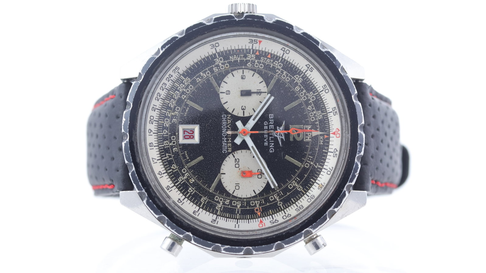 Breitling Navitimer Chronomatic Ref 1806 Circa 1960's: Brand: BreitlingModel Name: Navitimer ChronomaticReference: 1806Movement type: Manual WindMovement calibre: Breitling 11Year: Circa 1960'sDial shape: CircularDial colour: BlackDial features: Baton hou