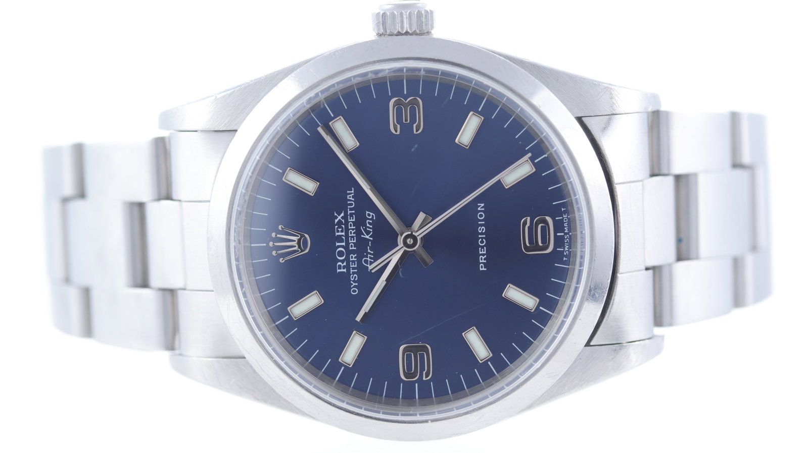 Rolex Air King Ref 14000 with Papers 2000: Brand: RolexModel Name: Air KingReference: 14000Movement type: AutomaticMovement calibre: Rolex 3000Year: 2000Papers: Guarantee PapersDial shape: CircularDial colour: BlueDial features: 'Explorer dial