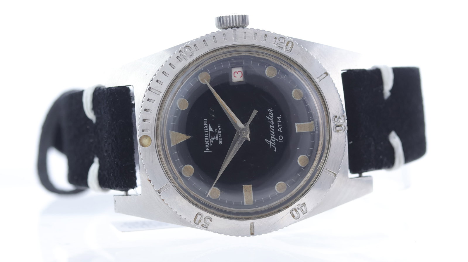 Vintage Jean Richard Aquastar Ref 1701 Circa 1960's: Brand: Jean RichardModel Name: AquastarReference: 1701Movement type: AutomaticYear: Circa 1960'sDial shape: CircularDial colour: BlackDial features: Patina dot hour markers, roulette date aperture at 