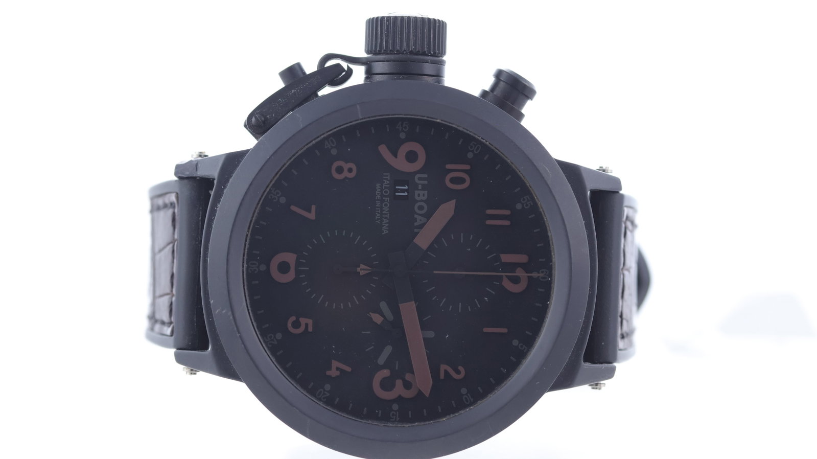 U-Boat Flight Deck Automatic Chronograph Ref U-7750/50: Brand: U-BoatModel Name: Flight DeckReference: U-7750/50Movement type: AutomaticMovement calibre: Valjoux 7750Dial shape: CircularDial colour: BlackDial features: Applied arabic numeral hour markers. 