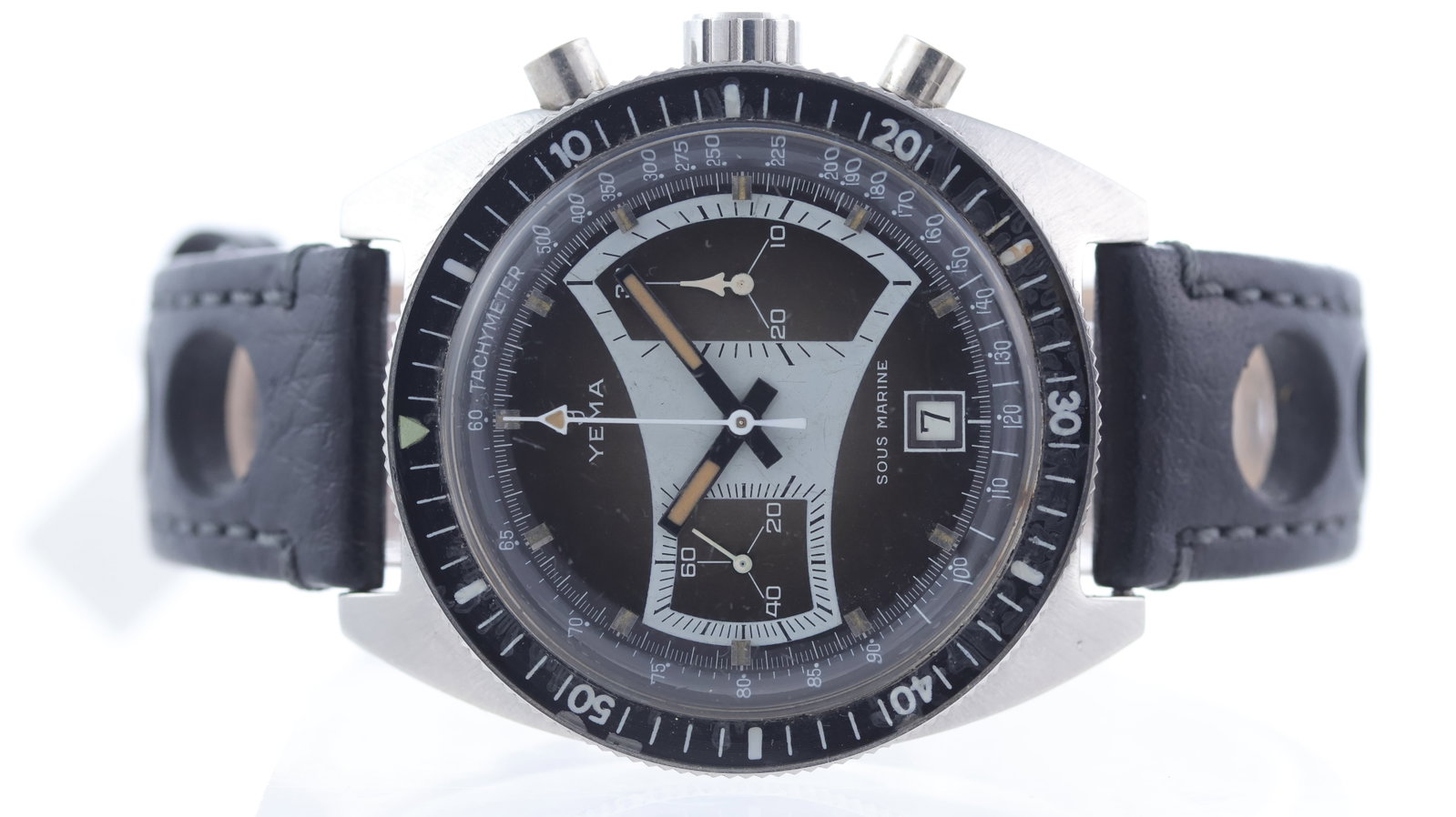 Vintage Yema Sous Marine 'Tomahawk' Ref 2130 Circa 1970's: Brand: YemaModel Name: Sous MarineReference: 2130Movement type: Manual WindMovement calibre: Valjoux 7734Year: Circa 1970'sDial shape: CircularDial colour: Fume' BrownDial features: Square hour marker