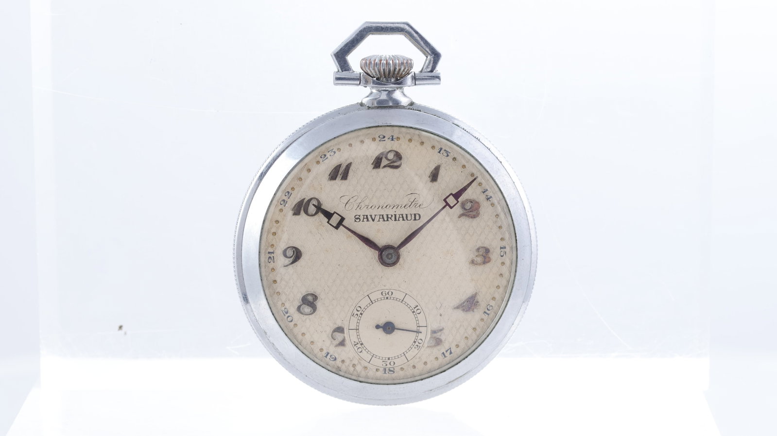 *To Be Sold Without Reserve* Vintage Art Deco Savariaud Chronometer Pocket Watch Circa 1920's: Vintage Art Deco Savariaud Chronometer Pocket Watch Circa 1920's, silver dial with Breguet-style numerals, subsidiary seconds, hand wound movement, 43mm base metal case, comes in period box, currently