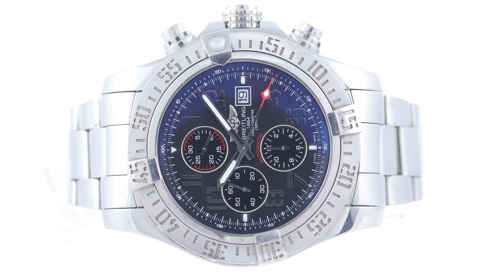 Breitling Super Avenger II Chronograph Automatic Ref A13371: Brand: BreitlingModel Name: Super Avenger IIReference: A13371Movement type: AutomaticMovement calibre: 022KDial shape: CircularDial colour: BlackDial features: Silver arabic numeral hour markers. Date