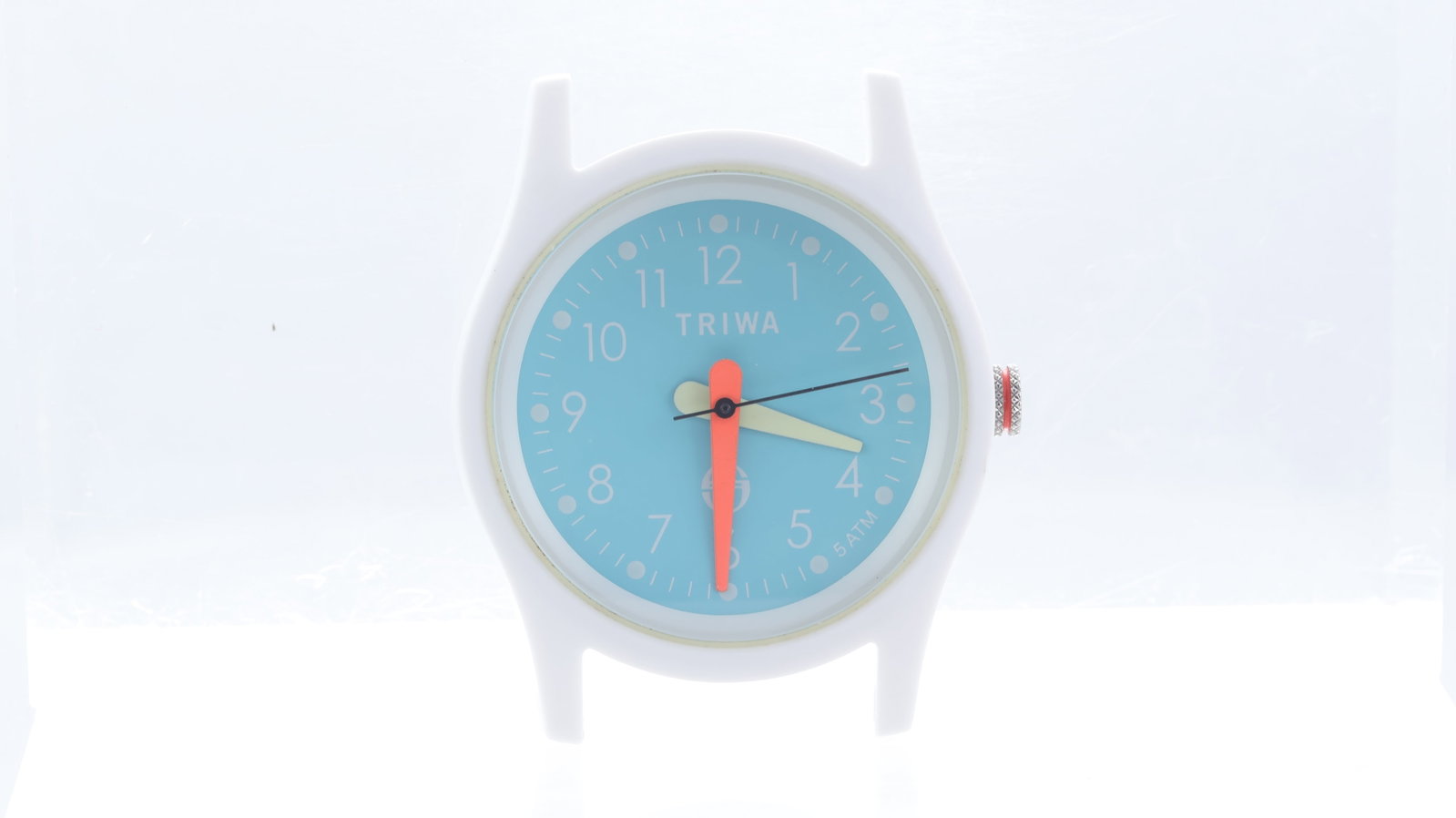 *To Be Sold Without Reserve* Triwa x Sergio Tacchini Quartz Watch: Triwa x Sergio Tacchini Quartz Watch. Head only, White plastic case. Sky blue dial with white arabic numeral hour markers. Smiley face crown. Stainless steel screw down case back. Seconds hand is