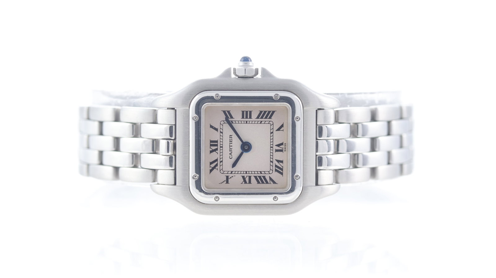 Ladies Cartier Panthere Quartz Ref 1320: Brand: CartierModel Name: PanthereReference: 1320Movement type: QuartzDial shape: SquareDial colour: PatinaDial features: Blue steel hands. Black roman numeral hour markers. Inner minutes track.Bezel: