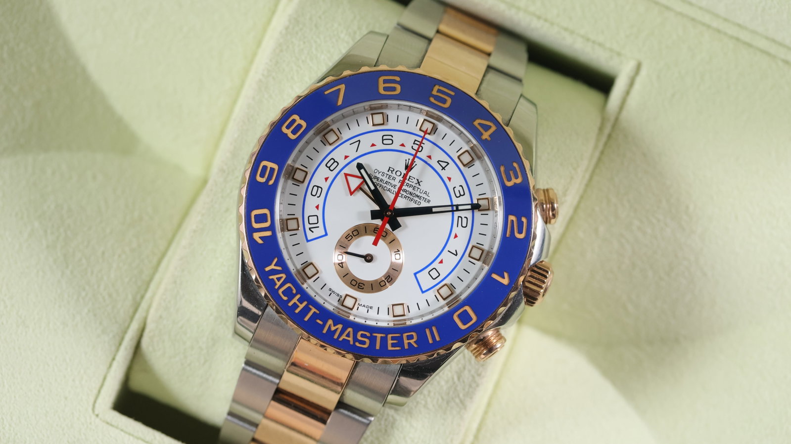 Rolex Yacht-Master II Ref 116681 with Box and Papers 2011: Brand: RolexModel Name: Yacht-Master IIReference: 116681Movement type: AutomaticYear: 2011Box: Full BoxPapers: Guarantee Papers & BookletsDial shape: CircularDial colour: WhiteDial features: Blue hand