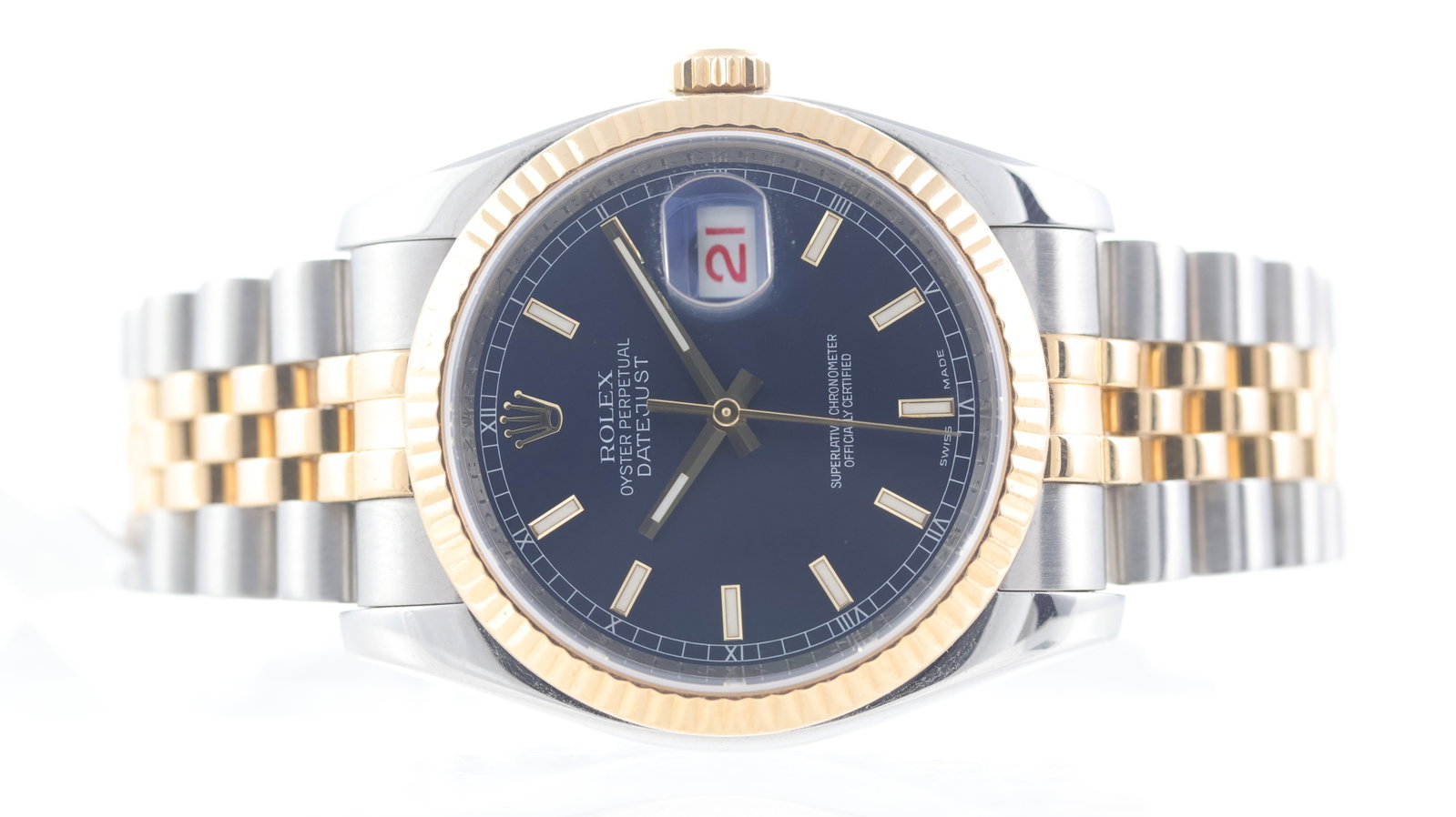 Rolex Datejust 36 Ref 116233 Circa 2006: Brand: RolexModel Name: Datejust 36Reference: 116233Movement type: AutomaticMovement calibre: Rolex 3135Year: Circa 2006Dial shape: CircularDial colour: BlueDial features: Sunburst blue roman numeral 