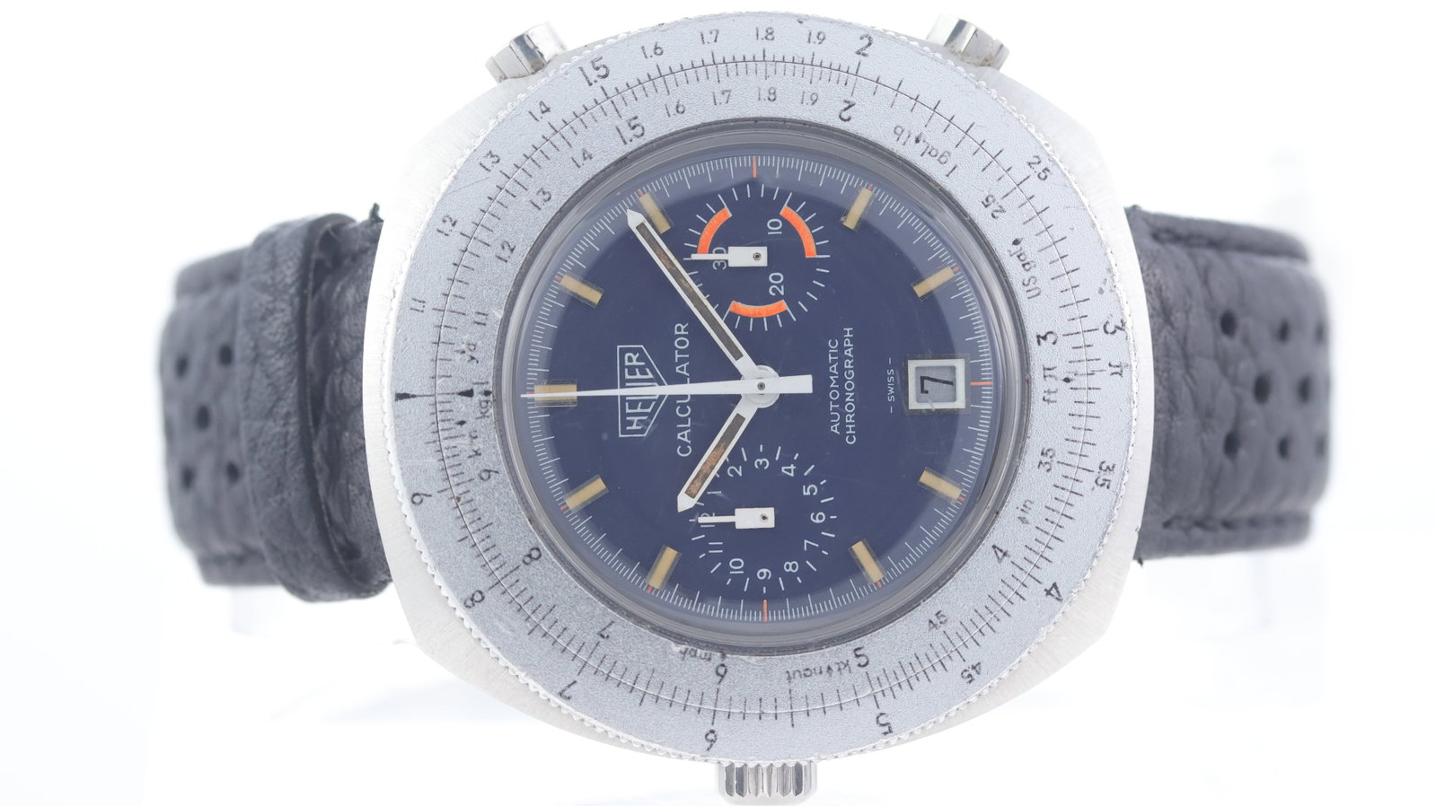 Vintage Heuer Calculator Automatic Chronograph Circa 1970's: Brand: HeuerModel Name: CalculatorMovement type: AutomaticMovement calibre: Heuer . 12Year: Circa 1970'sDial shape: CircularDial colour: BlueDial features: Baton hour markers, elapsed minutes and elap