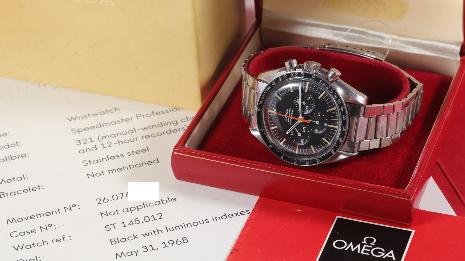 Rare Omega Speedmaster 'Ultraman' Ref 145.012-67 with Box and Archives 1968: Brand: OmegaModel Name: Speedmaster 'Ultraman'Reference: 145.012-67Movement type: Manual WindMovement calibre: Omega 321Year: 1968Box: Full BoxPapers: ArchivesPapers features: Special Orange Hand, dat