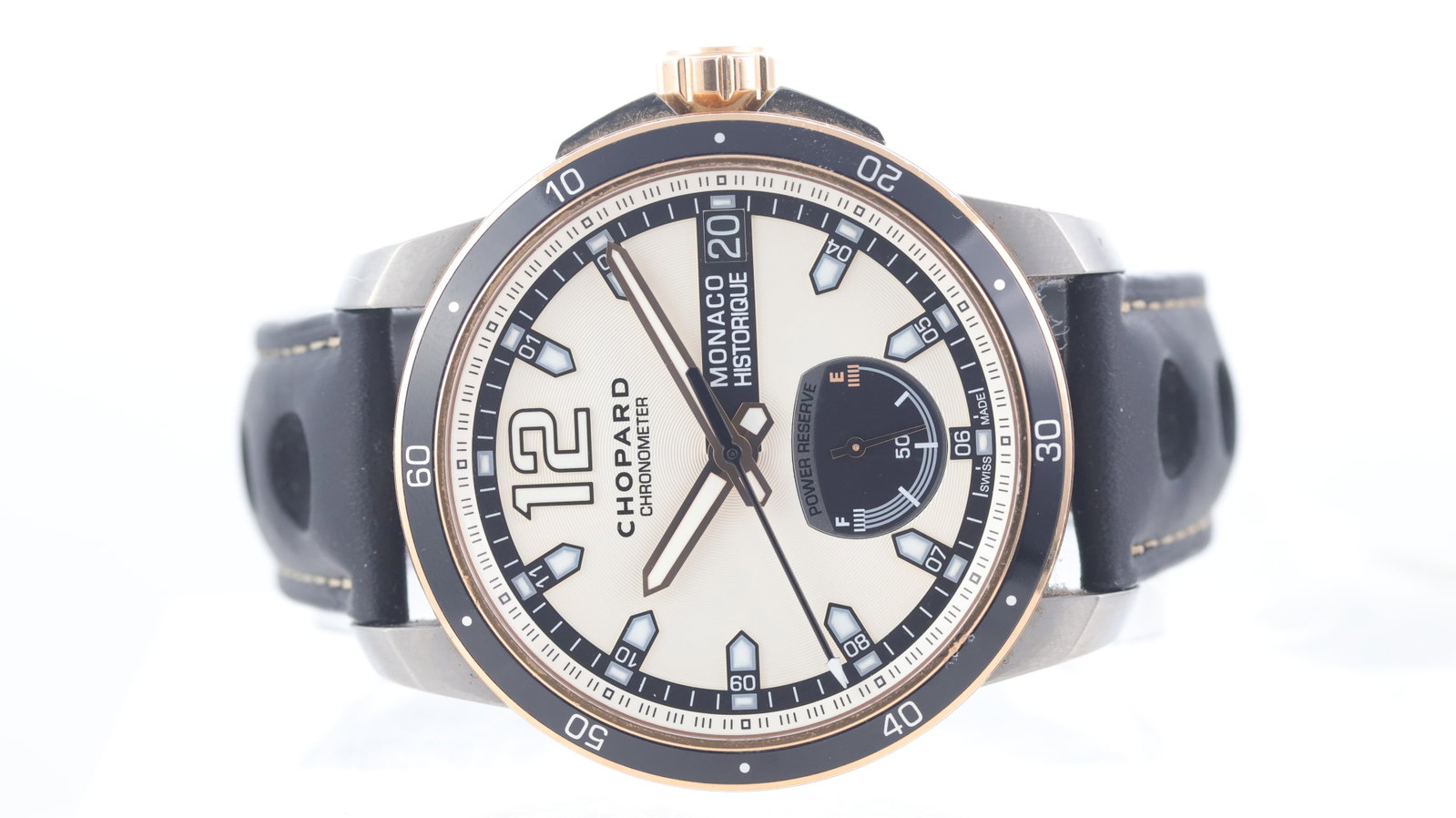 Chopard Grand Prix De Monaco Power Reserve Ref 8568: Brand: ChopardModel Name: Grand Prix De MonacoReference: 8568Movement type: AutomaticDial shape: CircularDial colour: SilverDial features: Guilloche dial. Date aperture at 3 o'clock. 'Fuel Gauge' styl