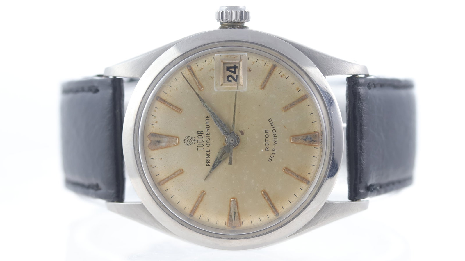 Vintage Tudor Prince Oysterdate Automatic Ref 7966 From 1960: Brand: TudorModel Name: Prince OysterdateReference: 7966Movement type: AutomaticMovement features: Rotor signed 'Tudor Auto-prince'Year: 1960Dial shape: CircularDial colour: Silver PatinaDial features