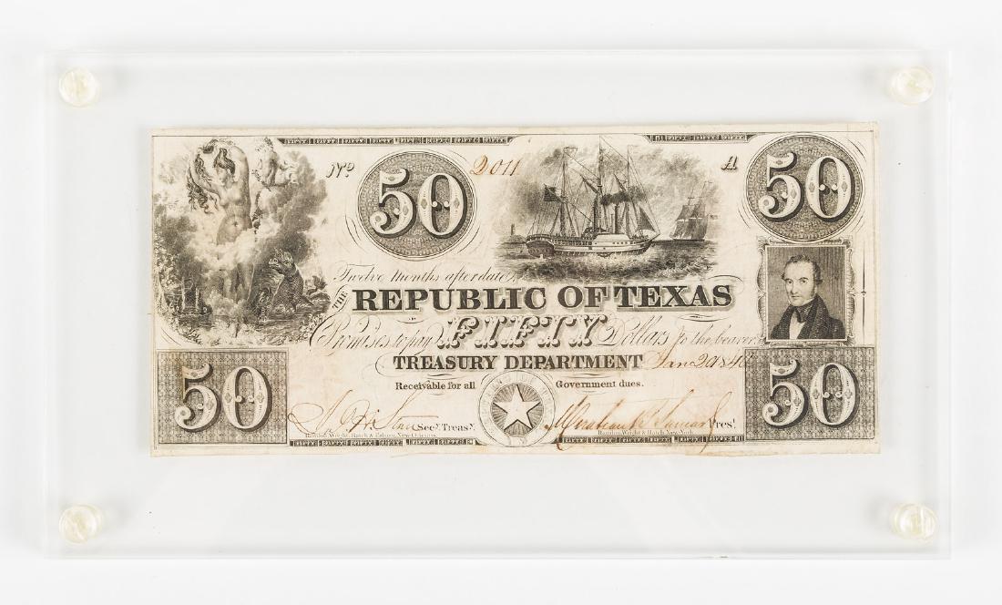 Texas Republic $50 bill: Heading: (Texas) Author: Title: Republic of Texas fifty dollar bill Place Published: New Orleans Publisher:Rawdon, Wright, Hatch & Edson Date Published: 1840 Description: E