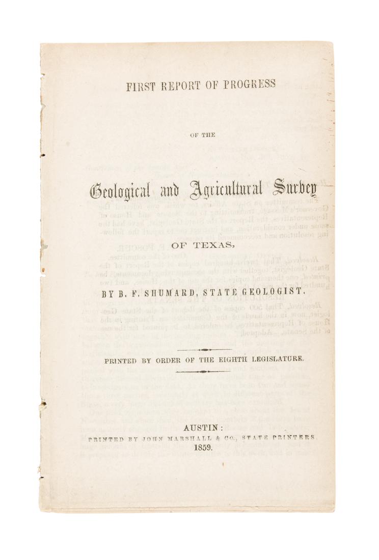 Shumard on Texas Oil 1859: Heading: (Texas) Author: Shumard, Benjamin Franklin Title: First Report on Progress of the Geological and Agricultural Survey of Texas Place Published: Austin Publisher:John Marshall & Co. Date P
