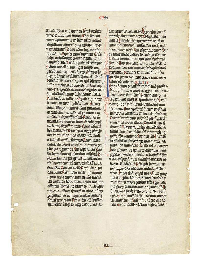15th century manuscript bible leaf Genesis XLII (1 of 2)