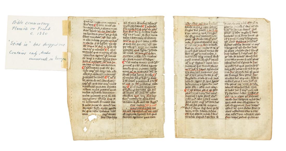 Two 14th century manuscript leaves of bible commentary (1 of 2)