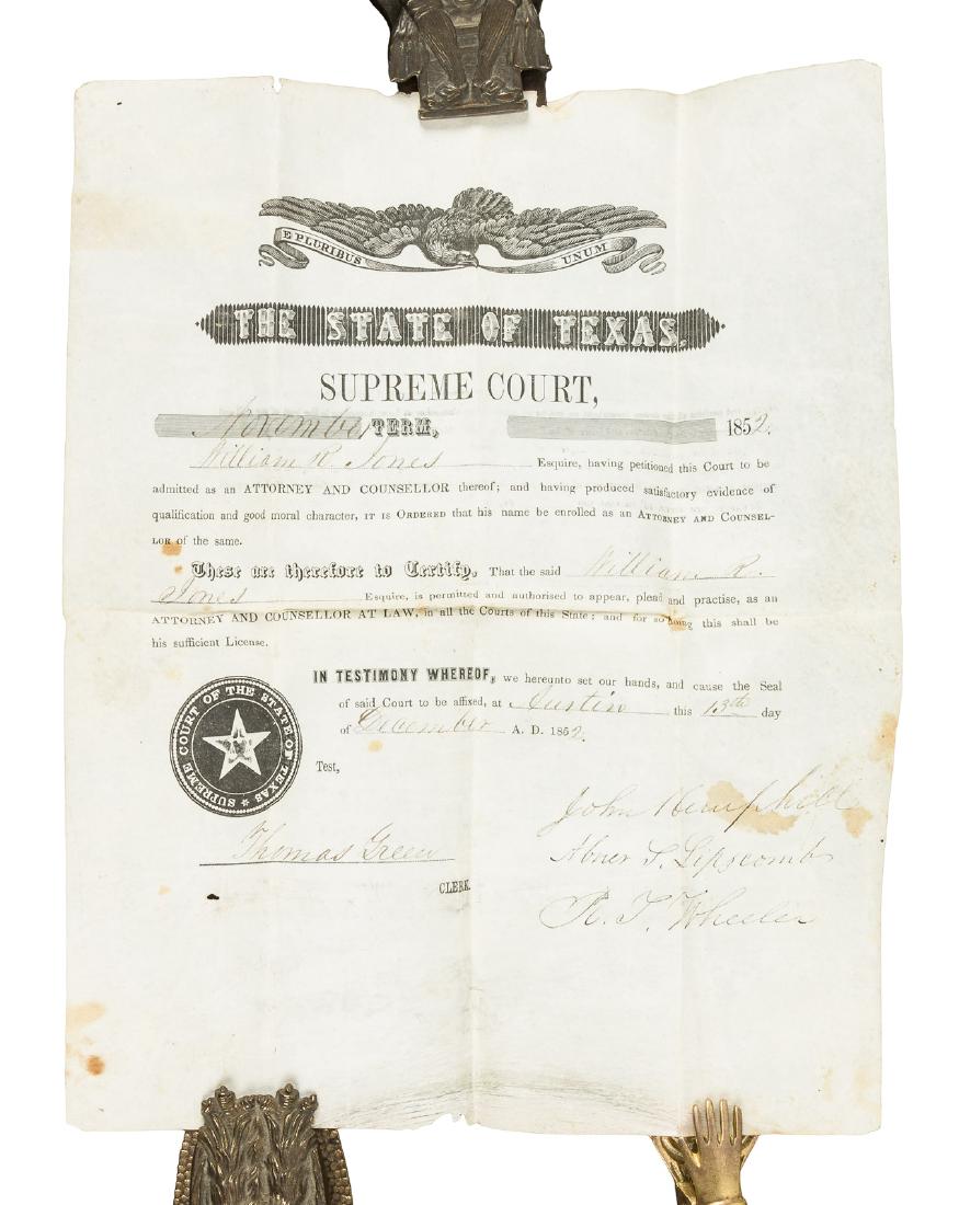 Permission to practice law in Texas in 1852: Heading: (Texas) Author: Green, Thomas Title: License to practice law in Texas, signed by three Texas Supreme Court justices and by Thomas Green, clerk Place Published: Austin, Texas Publisher: D