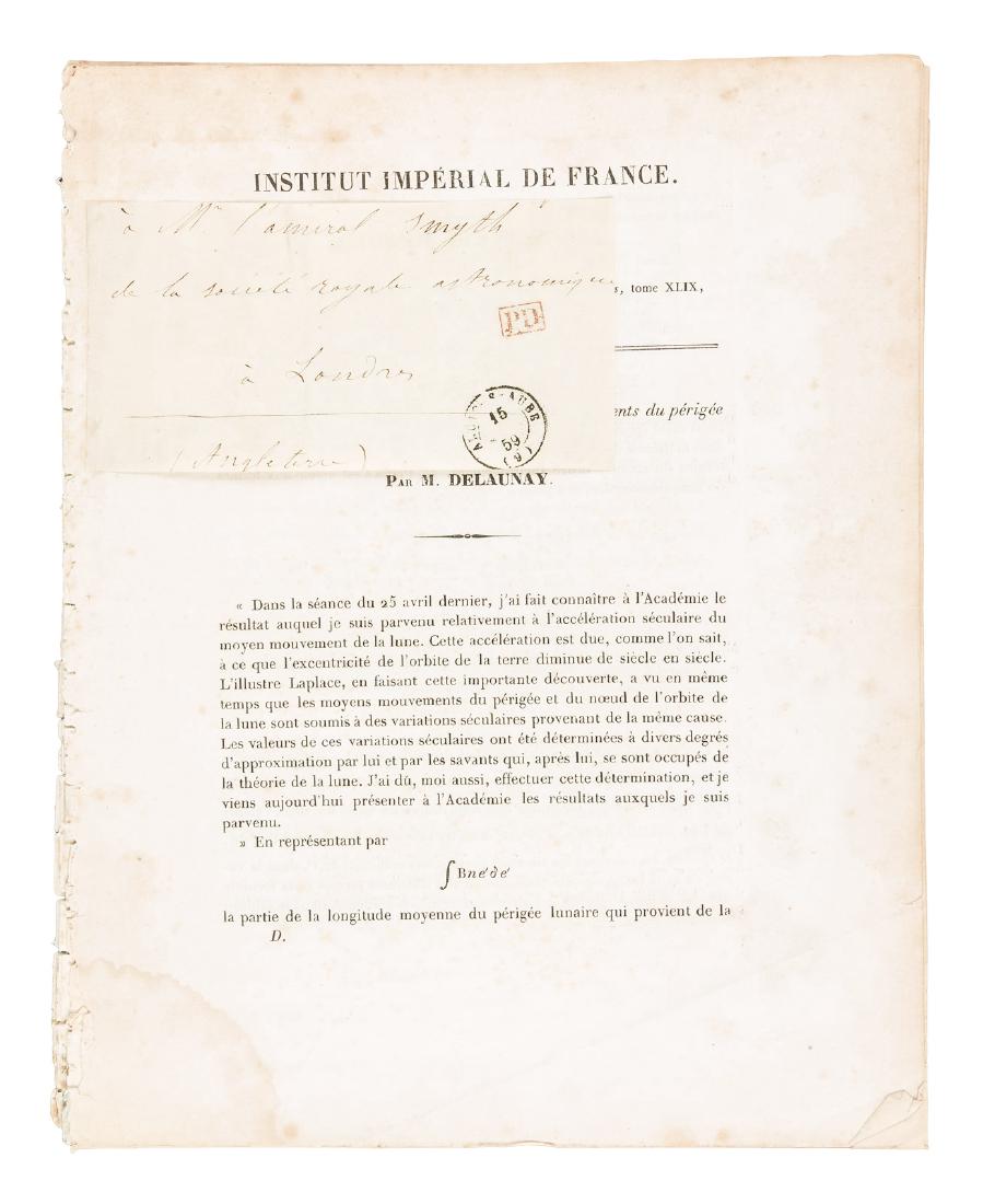 Delaunay on lunar motion, from Institute Impérial de: Heading: Author: Delaunay, Charles Title: Three papers by Charles Delaunay from the Institute Impérial de France Place Published: Paris Publisher: Date Published: 1858 & 1859 Descripti