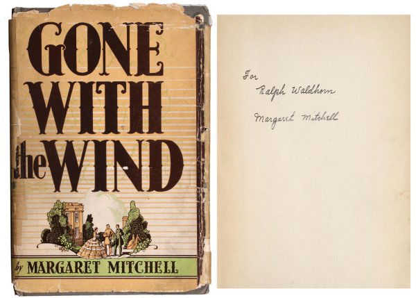 Gone With the Wind: Author: Mitchell, Margaret Gray cloth, pictorial jacket. First Edition, First Issue. Inscribed and signed by the author "For Ralph Waldhorn, Margaret Mitchell" in black fountain pen, on the front free