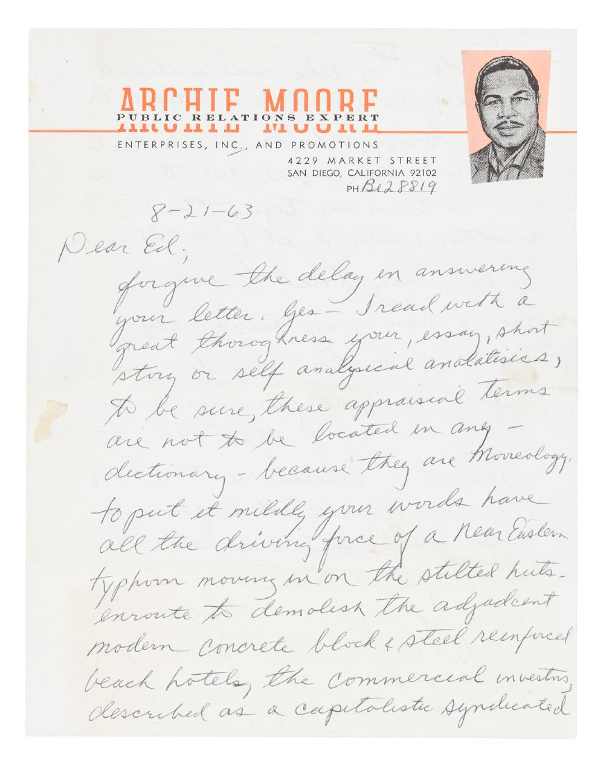 Archie Moore, famous world boxing champion, 1963 letter: Heading: (African-American, 1963 – Sport, Boxing) Author: Moore, Archie Title: Letter written by the famous Black professional boxer – for ten years, Light Heavyweight Champion of the World – ju