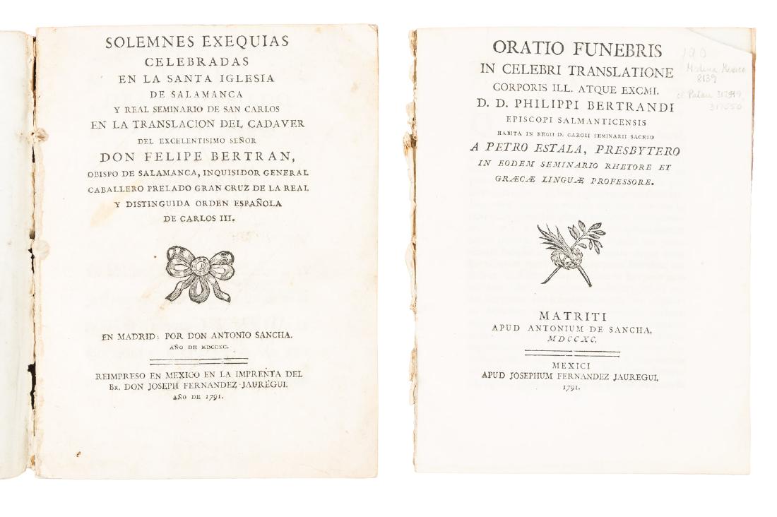 Mexican printing of Bishop of Salamanca's funeral: Heading: (Mexican Imprint) Author: Title: Solemnes exequias celebradas en la Santa Iglesia de Salamanca y real Seminario de San Carlos en la translacion del cadaver del excelentisimo señor don Felipe