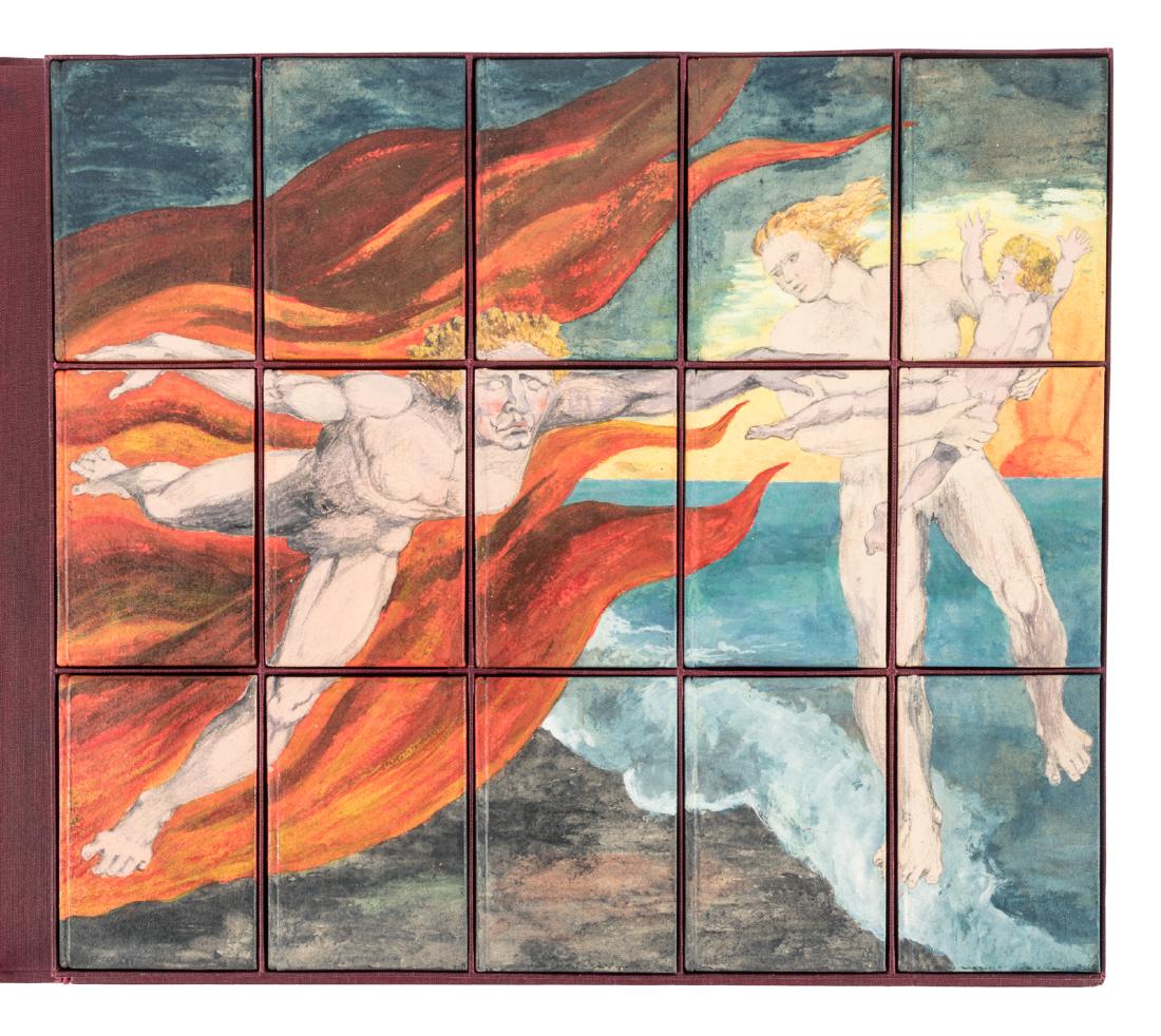 Hand-painted bindings after William Blake: Heading: (Blake, William, after) Author: Title: Fifteen volumes from the Religious Tract Society in custom painted bindings, together creating a mosaic of Blake's "Good and Evil Angels" Place Publish