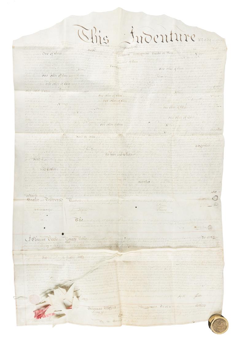 Vellum land deed signed by Thomas McKean 1794: Heading: Author: McKean, Thomas, et al. Title: Manuscript indenture on vellum, transferring land from Thomas Carson & William Moore to Robert Morris, signed by Thomas McKean as Chief Justice of Penns