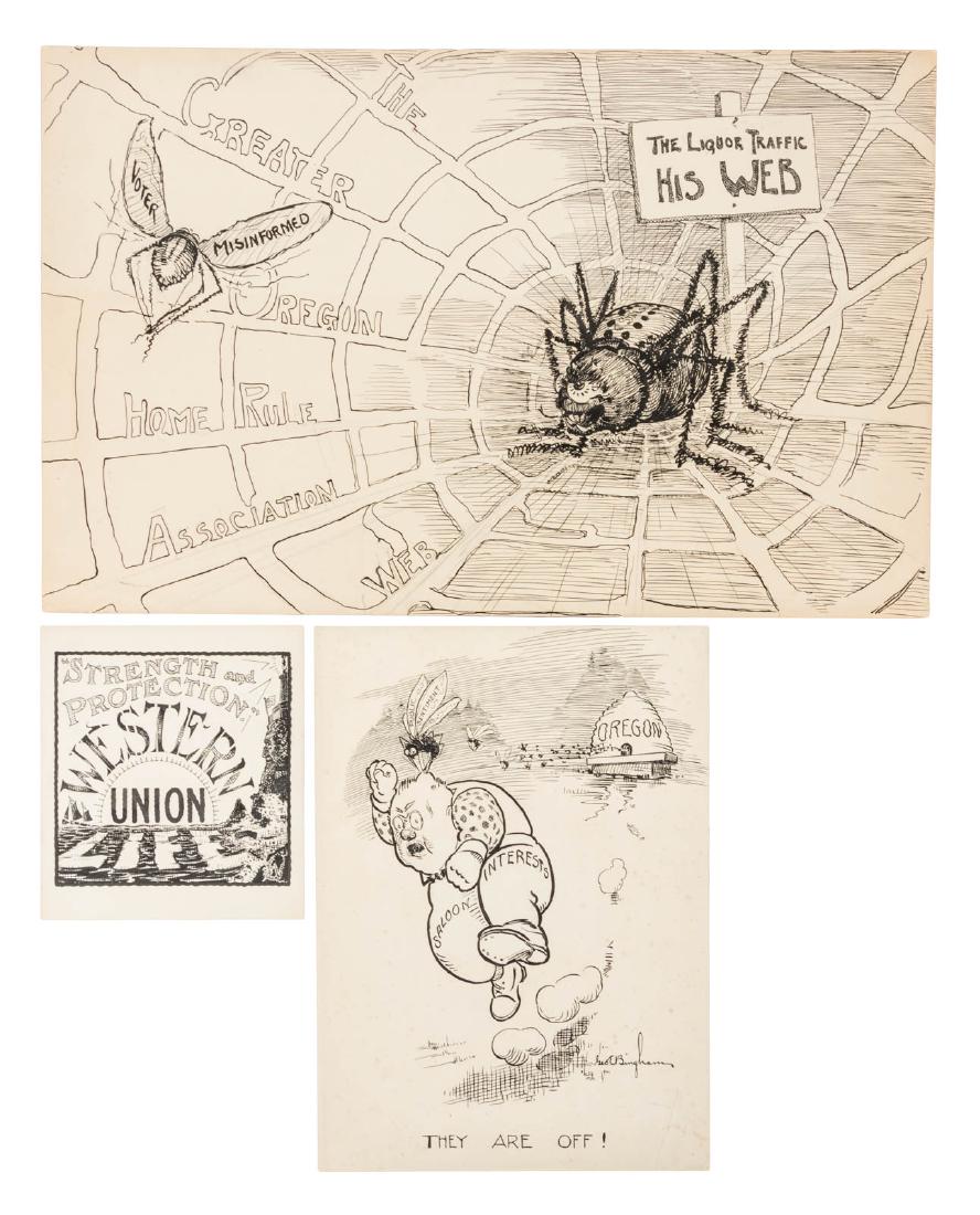 Cartoons promoting prohibition in Oregon, 1910: Heading: (Oregon - Prohibition) Author: Bingham, George Ernest Title: Two original political cartoons in support of prohibition, plus another unrelated cartoon Place Published: Oregon Publisher: