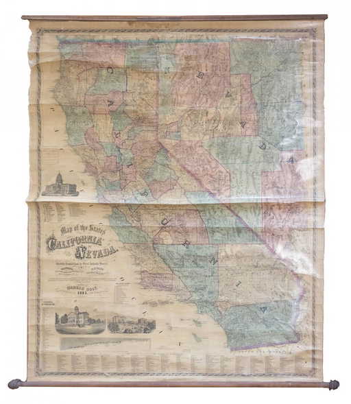 Rare wall map of California & Nevada 1881